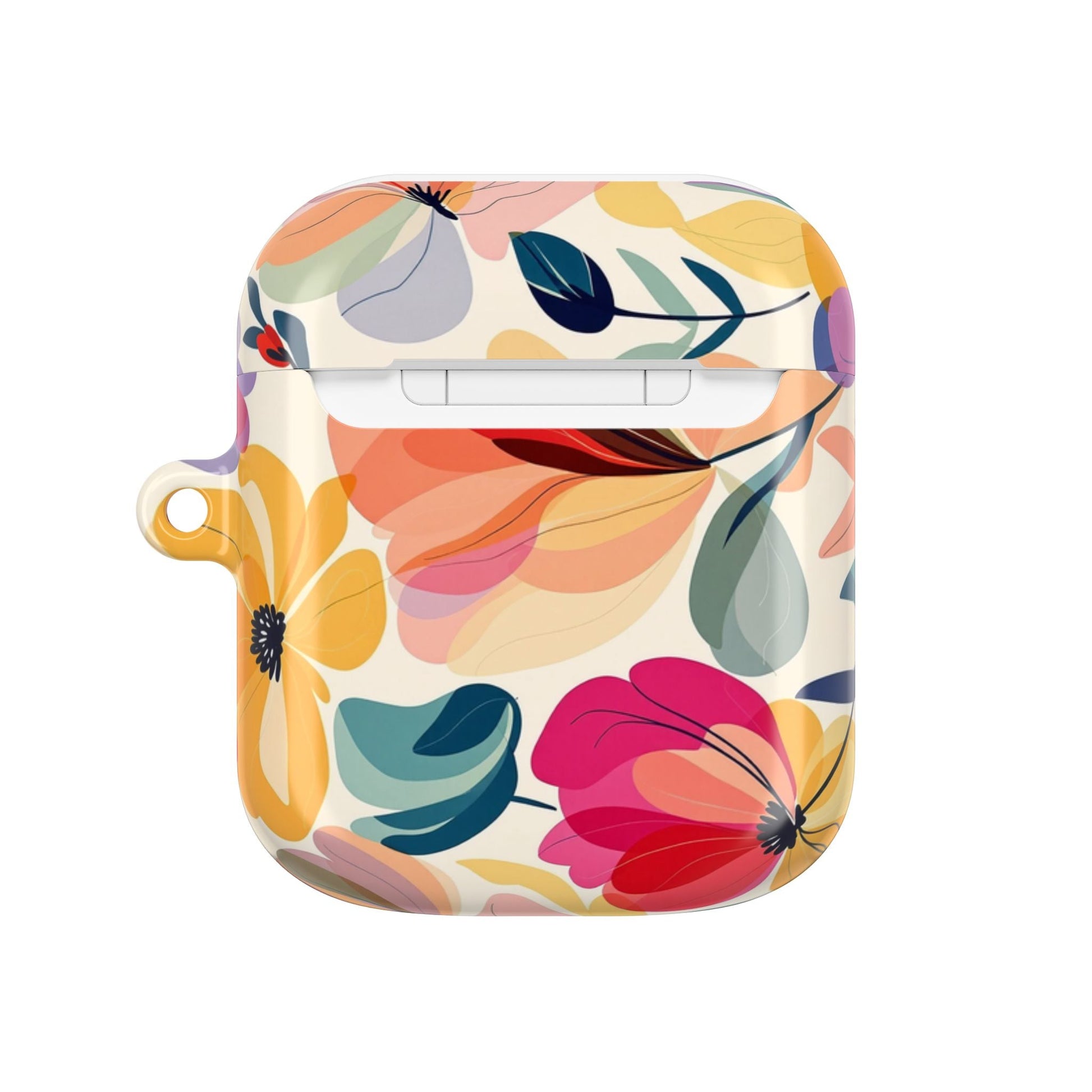Colorful floral watercolor design AirPod case with durable polycarbonate protection and carabiner attachment