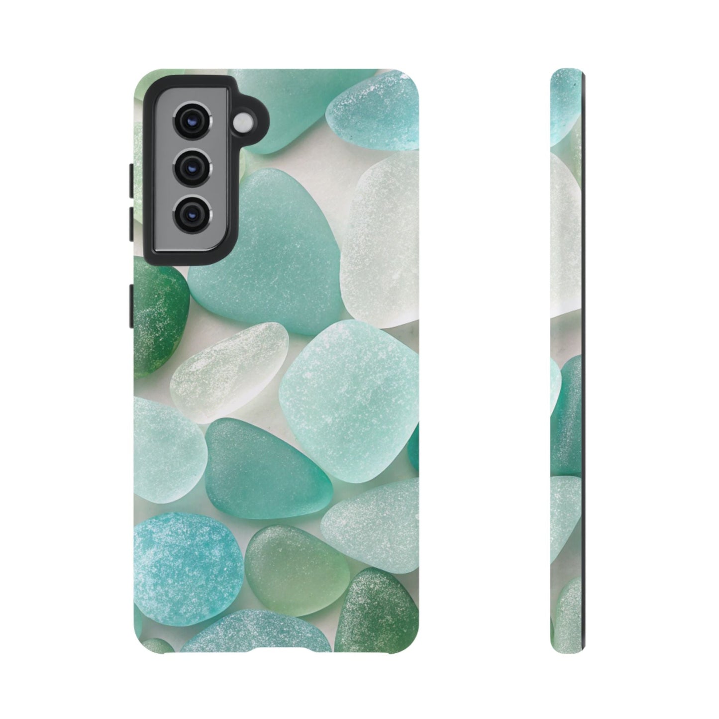 Samsung phone case with calming sea glass design in green and blue tones, durable and impact-resistant coastal style cover