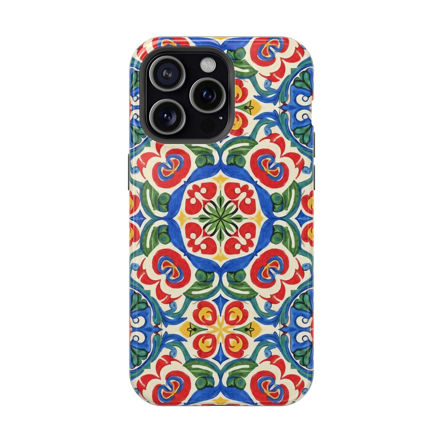 Mediterranean iPhone Case with colorful folk tile art pattern and MagSafe compatibility