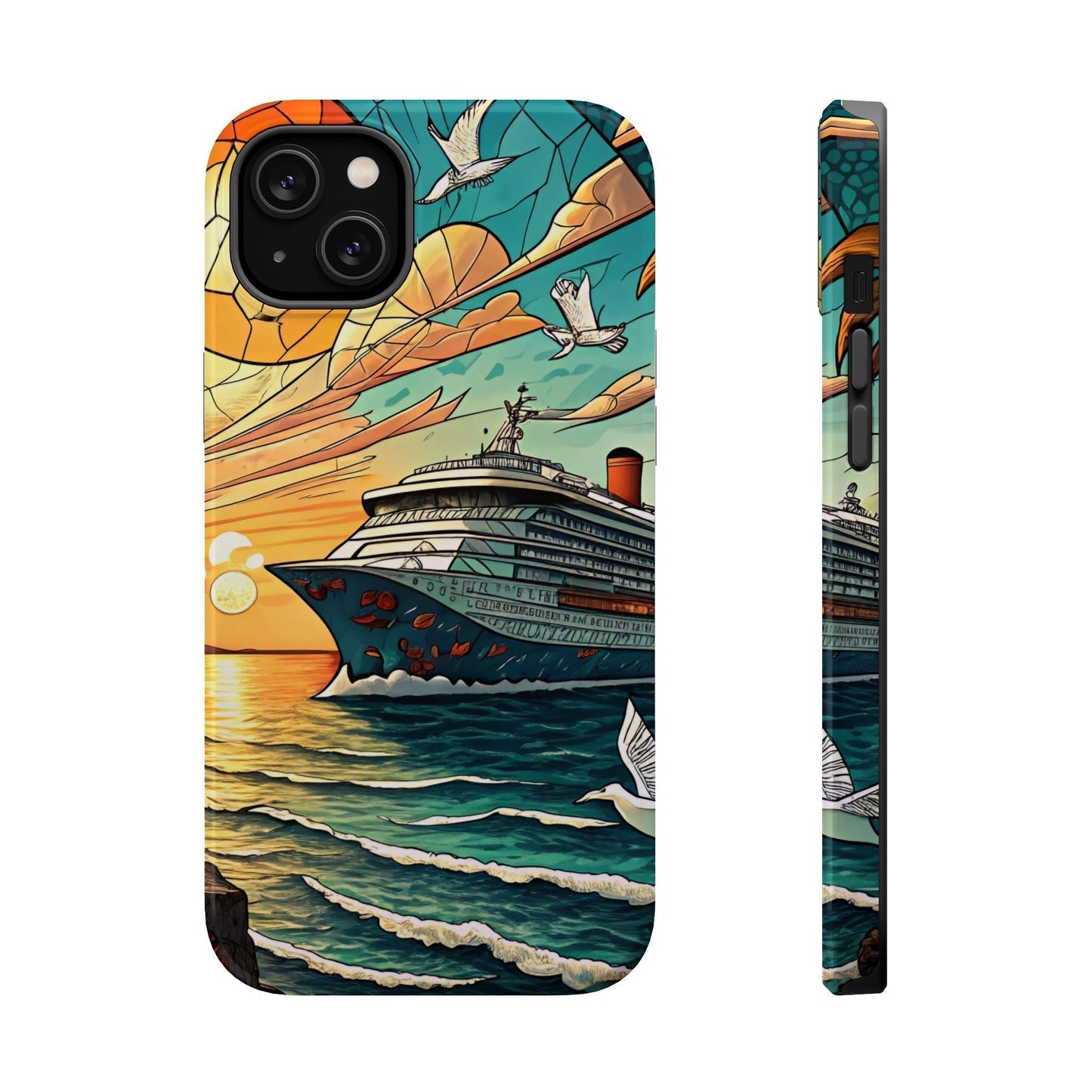 Cruise Vacation iPhone tough case with dual-layer protection and vibrant ocean cruise design featuring a ship, seagulls, and sunset, compatible with MagSafe.