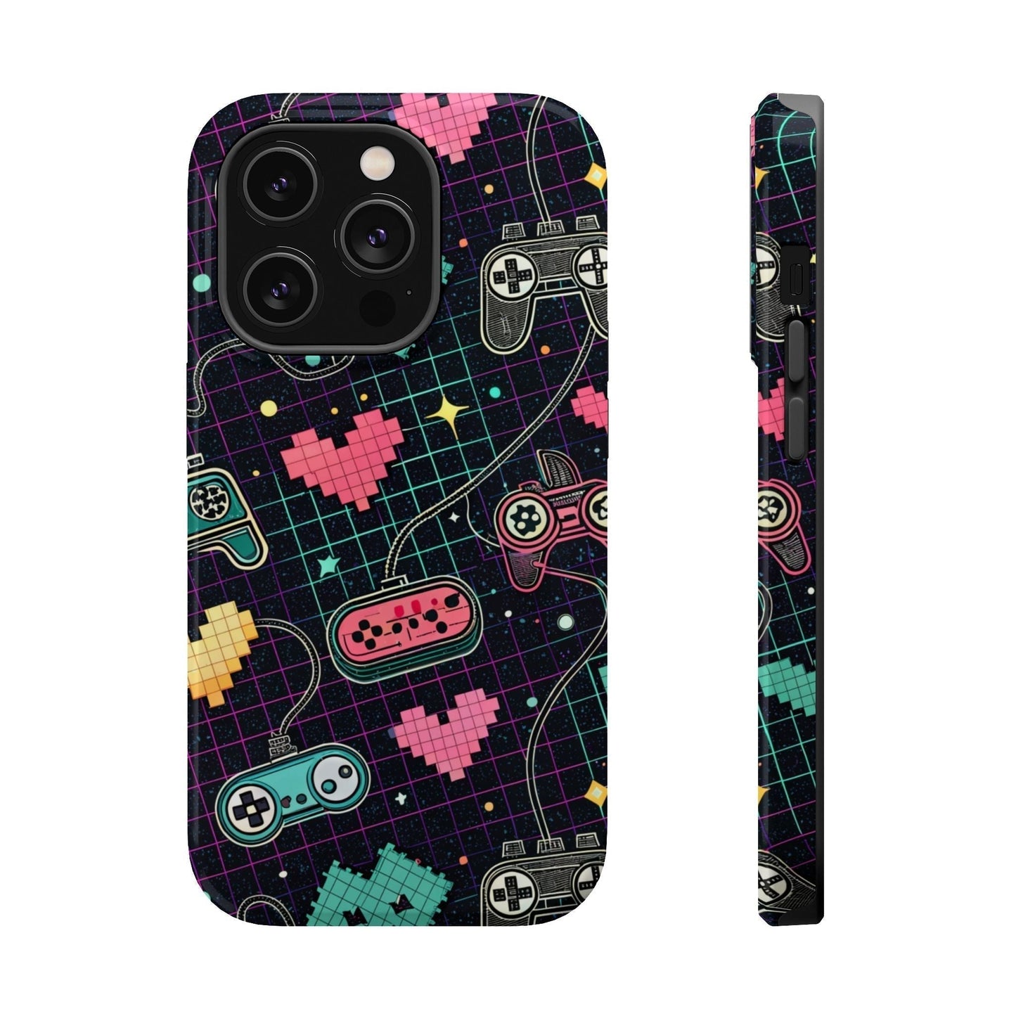 Retro Gamer Inspired iPhone case with pixel art controllers and hearts, dual-layer durable design, MagSafe compatible.
