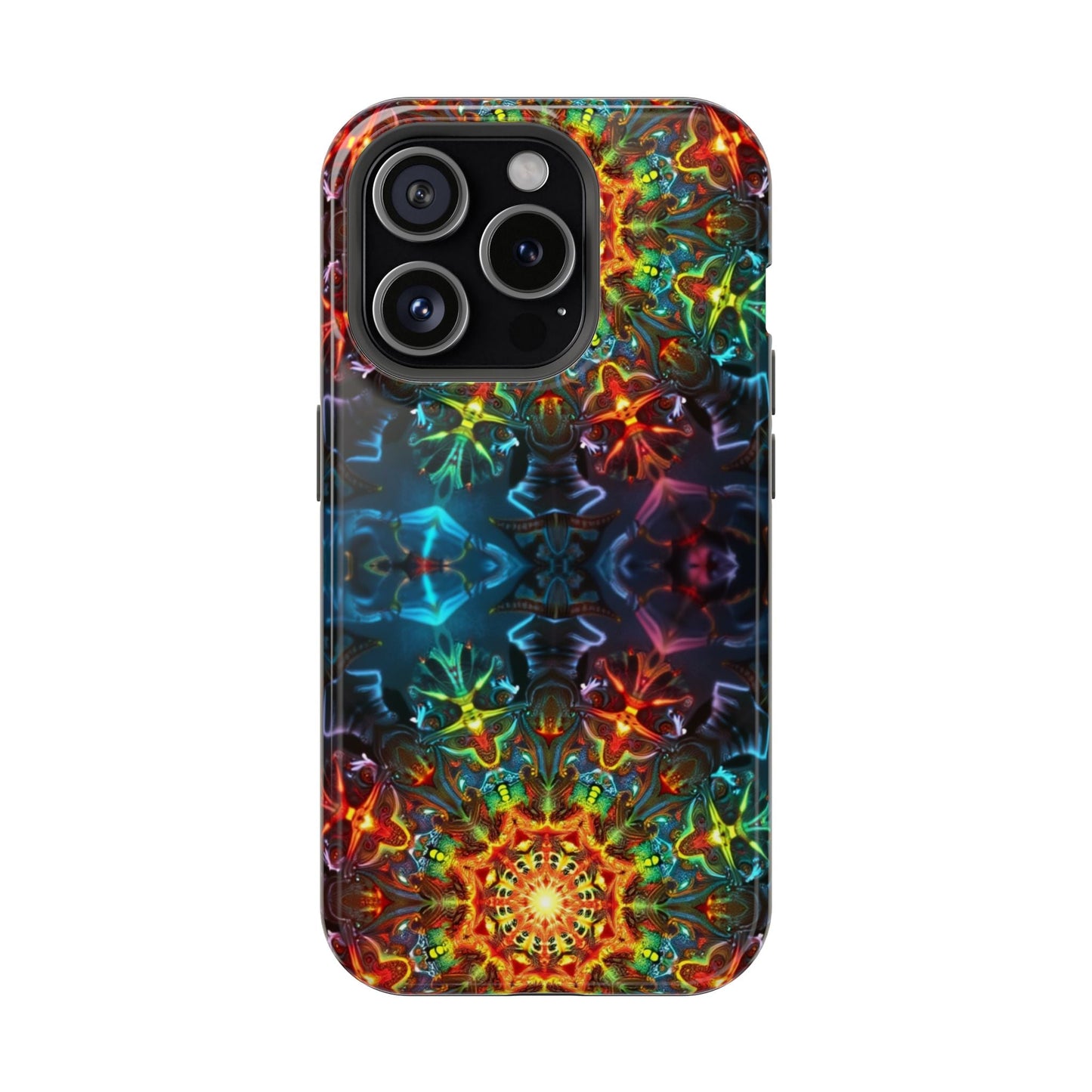 iPhone case with vibrant abstract kaleidoscope design and dual-layer protective shell