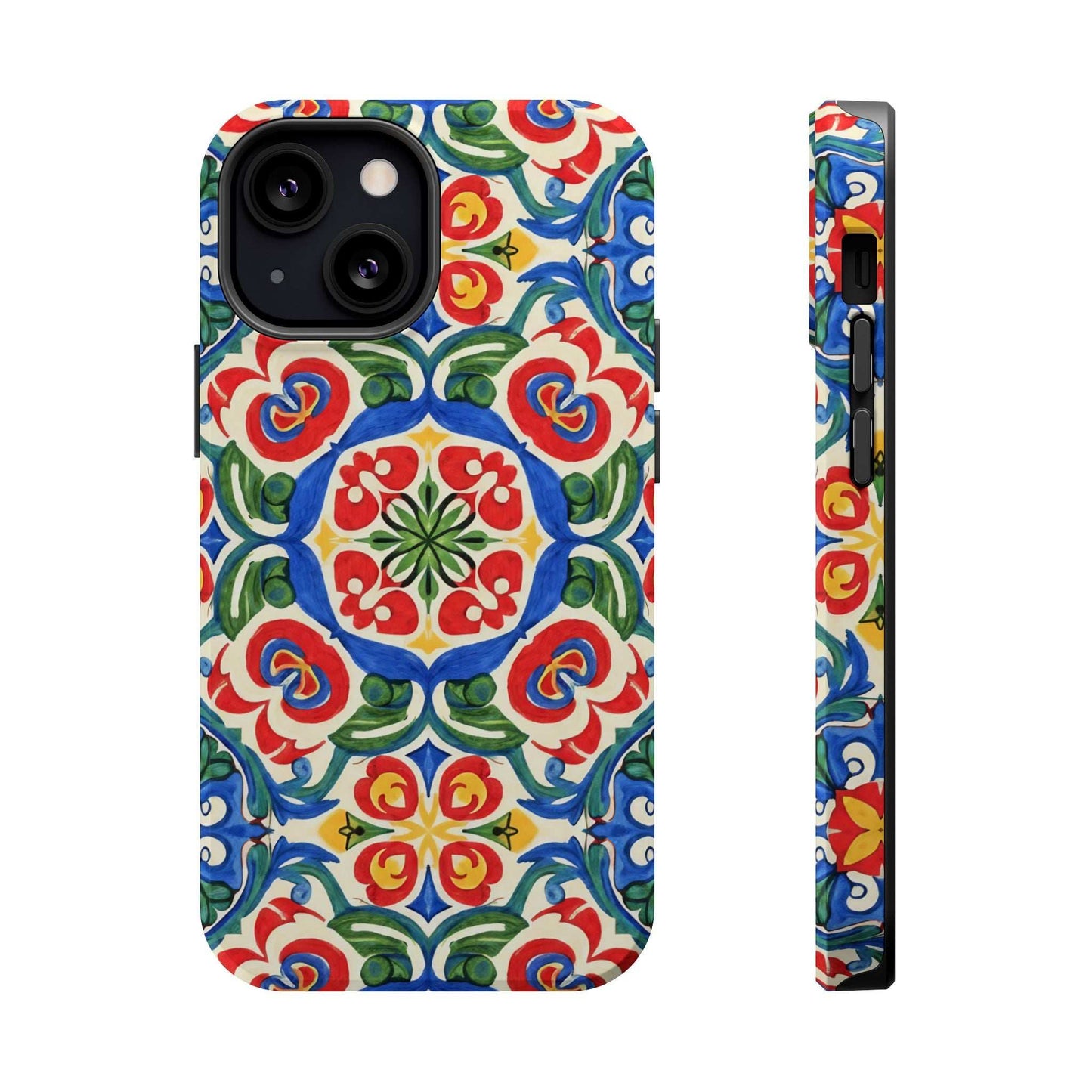 Mediterranean iPhone Case with colorful folk tile art pattern and MagSafe protection
