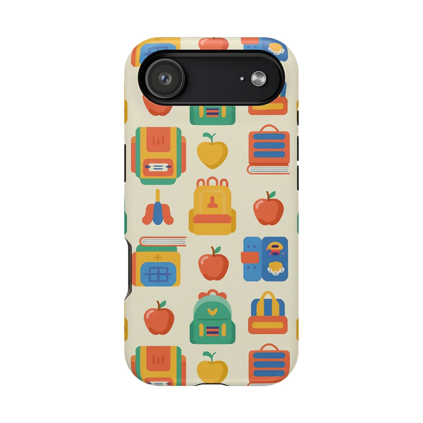 Back to School Phone Case with colorful school supplies pattern for iPhone protection and MagSafe compatibility