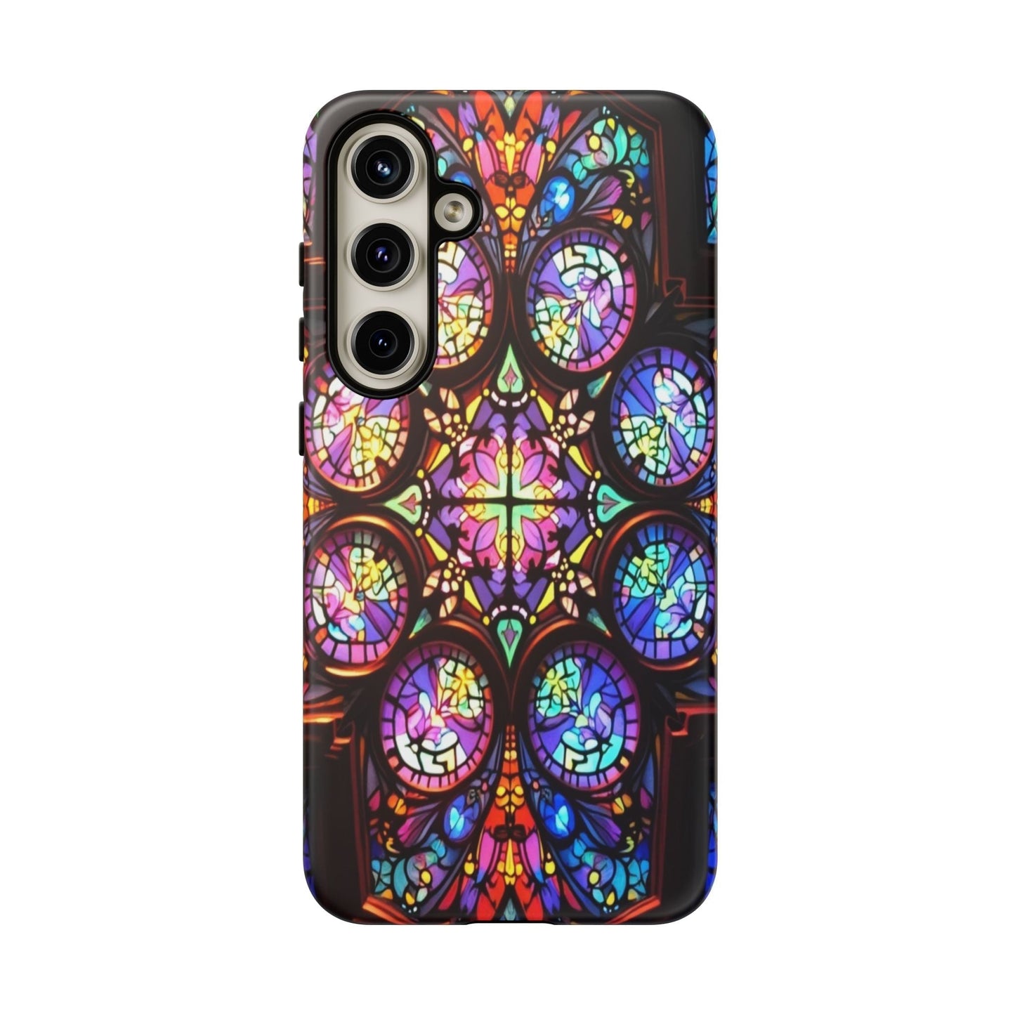 Samsung phone case with colorful hypnotic stained glass design for durable protection