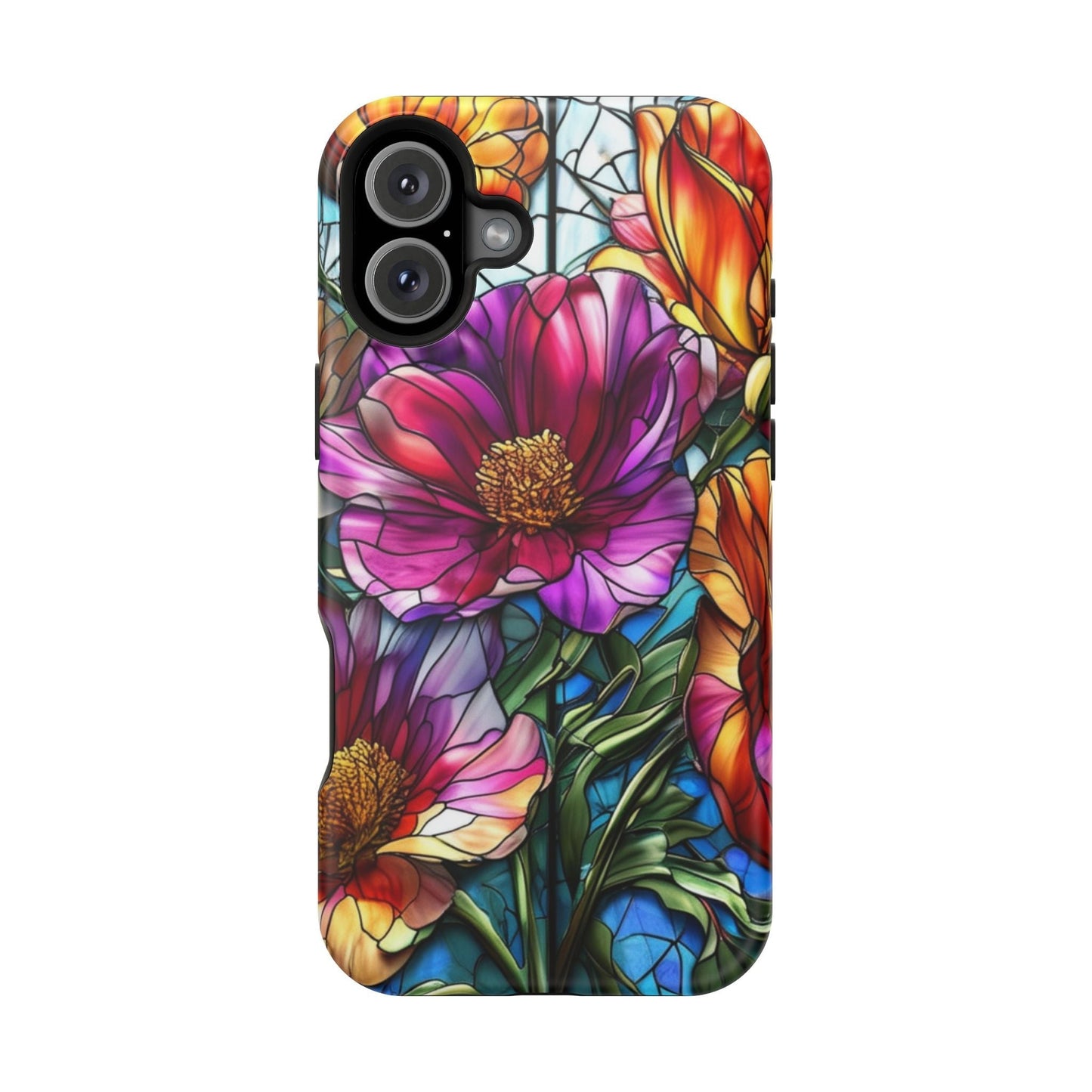 iPhone case with vibrant purple flower design and colorful floral pattern, durable polycarbonate with MagSafe compatibility