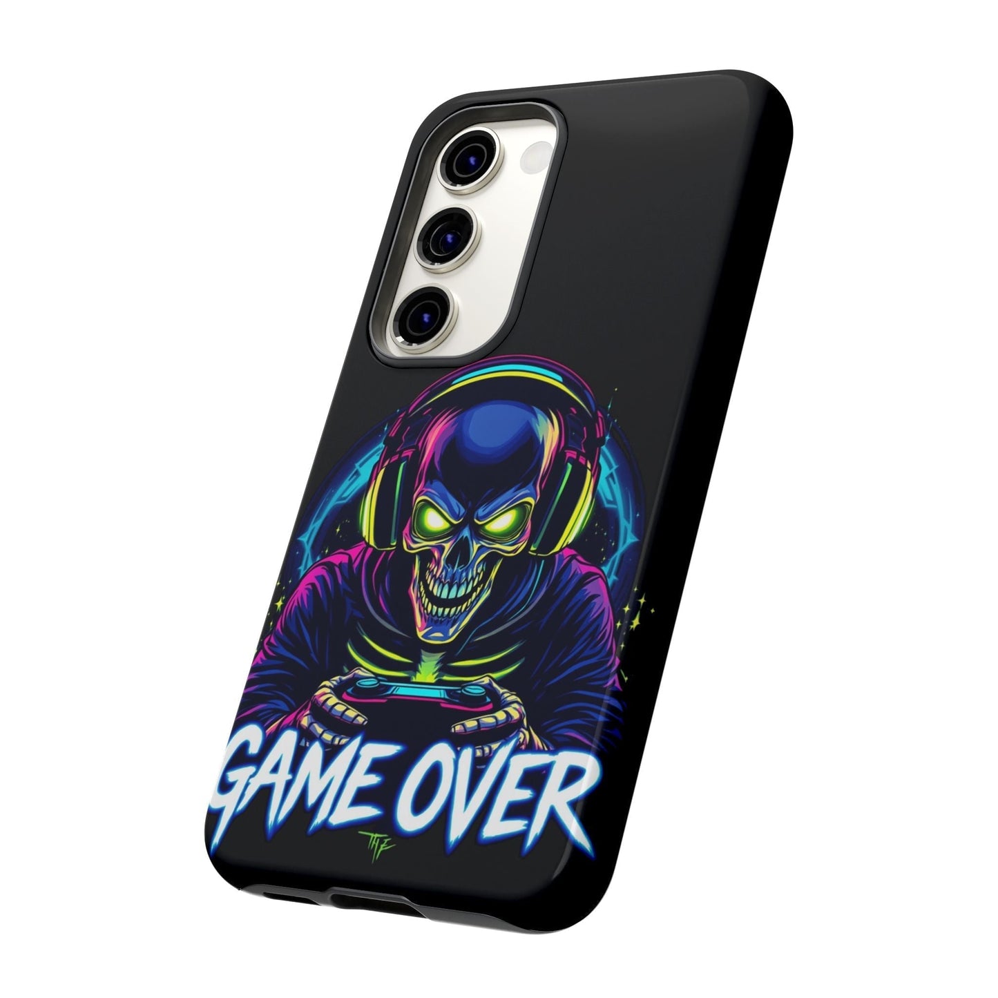 Samsung tough phone case with colorful skull gamer design and "Game Over" text, durable impact-resistant cover for Samsung Galaxy phones
