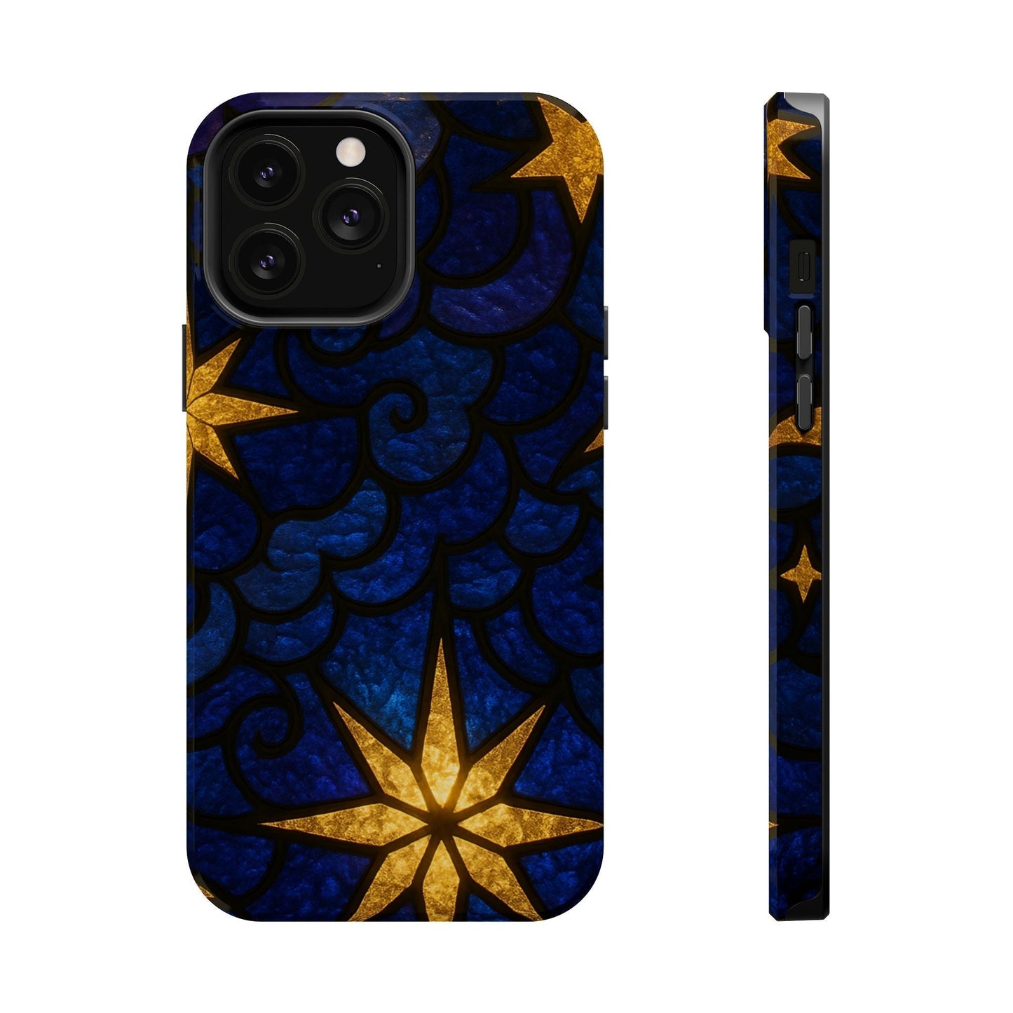 iPhone tough case with golden star design on blue textured background, MagSafe compatible, durable protective finish