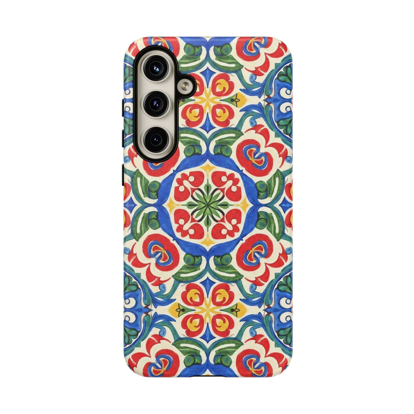 Mediterranean Samsung Case featuring hand-painted tile design with vibrant blue, red, and green floral patterns and dual-layer protection.