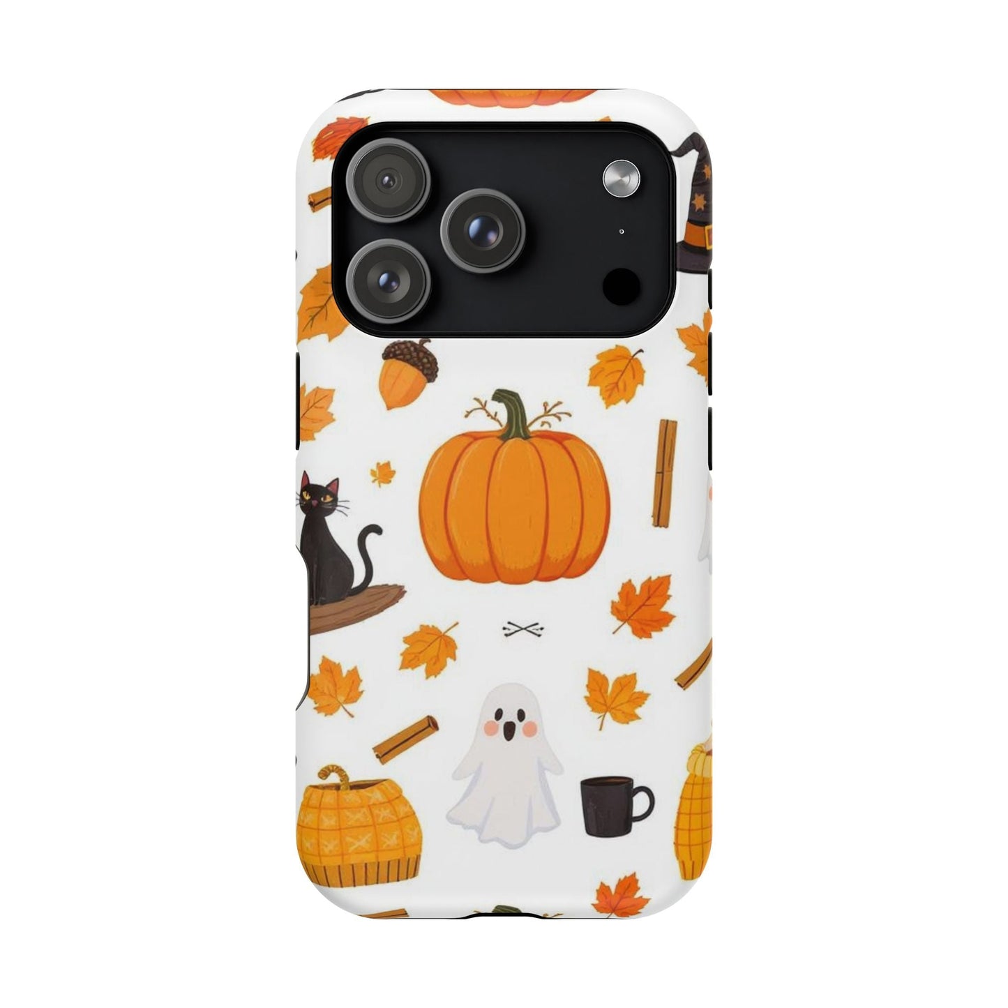 Halloween iPhone case with pumpkins, ghosts, leaves, and black cat design