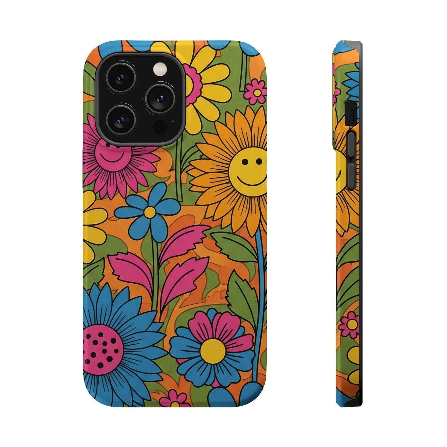 Flower Power iPhone Tough Case with vibrant retro floral design and durable polycarbonate construction