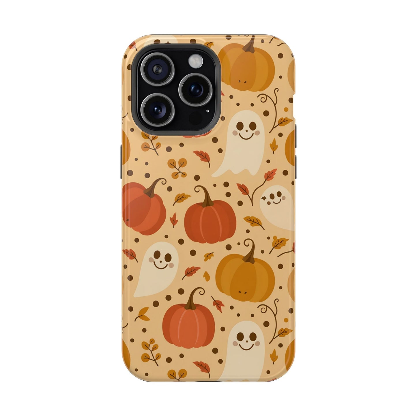 Spooky Pumpkins Halloween iPhone case with ghosts and pumpkins design, durable protective cover with MagSafe compatibility