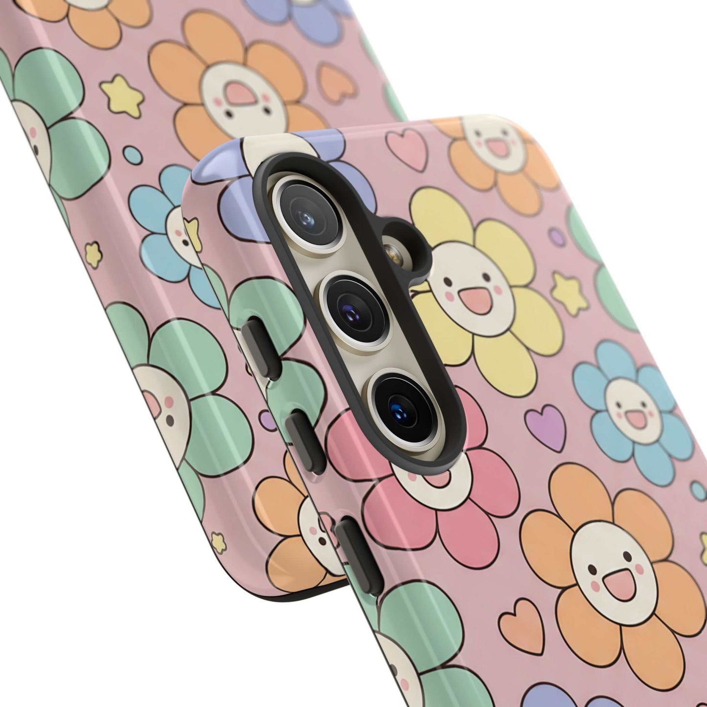 Happy Flower Samsung Phone Case with colorful floral smiley design and dual-layer protection for Samsung phone