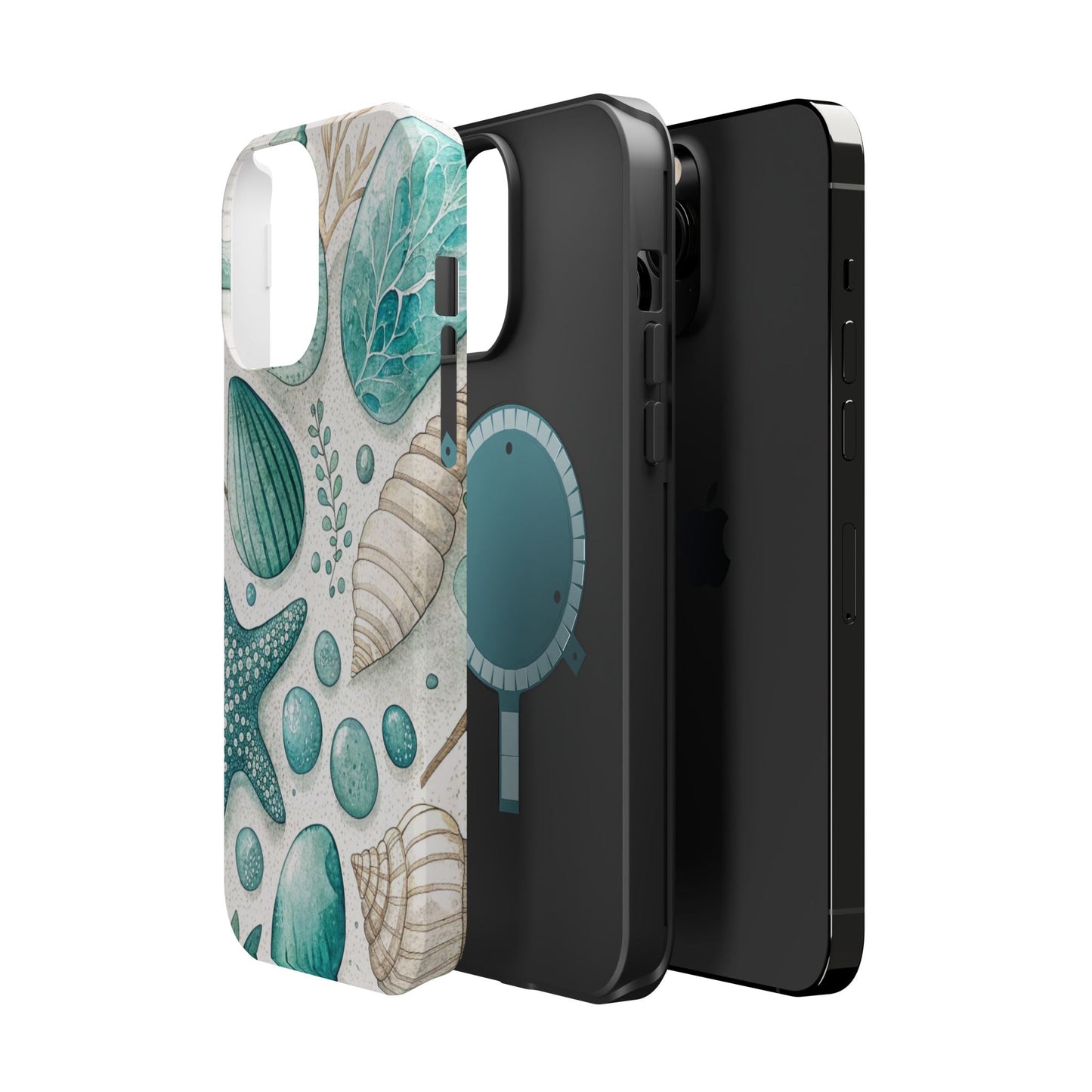 Celebration Sea iPhone Tough Case with sea shell and starfish design, durable dual-layer protection, MagSafe compatible, matte finish option