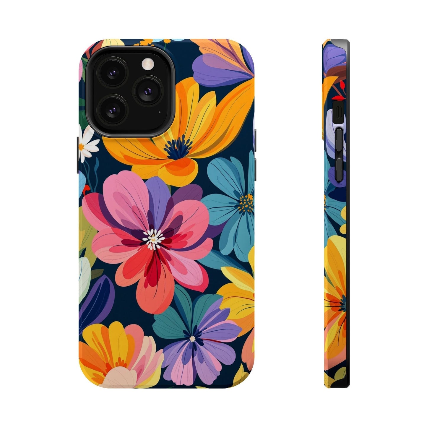 Colorful Floral Design iPhone case with vibrant flowers, MagSafe compatible protective cover for iPhone 17 series