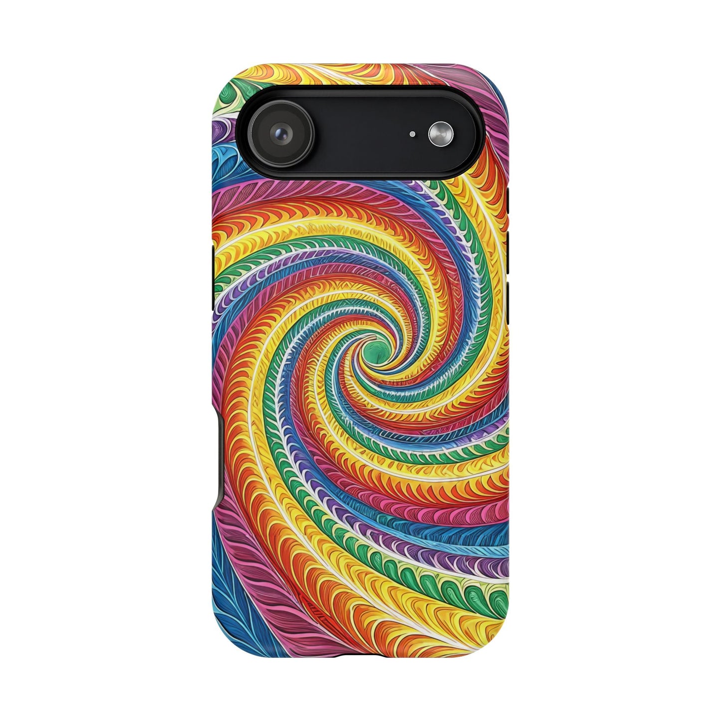 Rainbow Swirl iPhone Tough Case with vibrant colorful spiral design and MagSafe compatibility