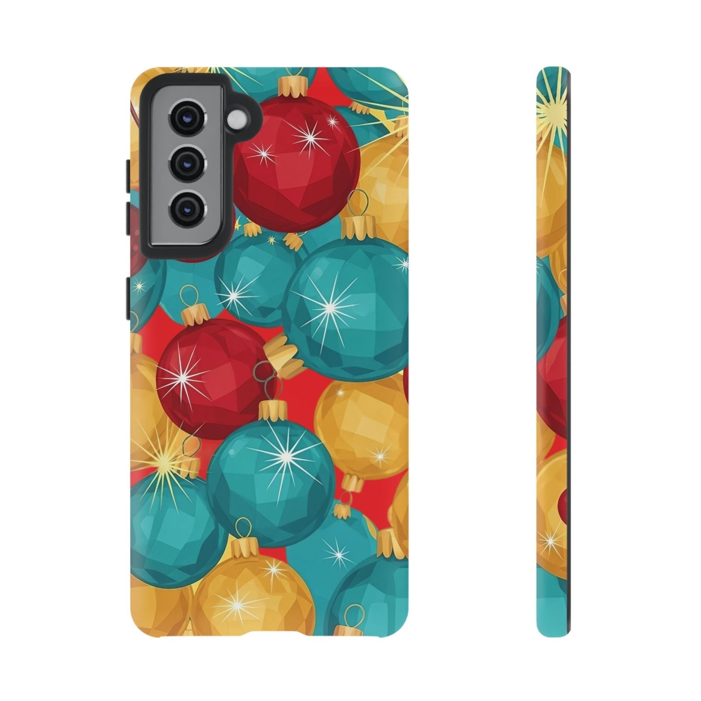 Holiday Bulb Samsung Case with colorful Christmas tree ornament design, durable impact-resistant protection, and TPU silicone shock absorption.