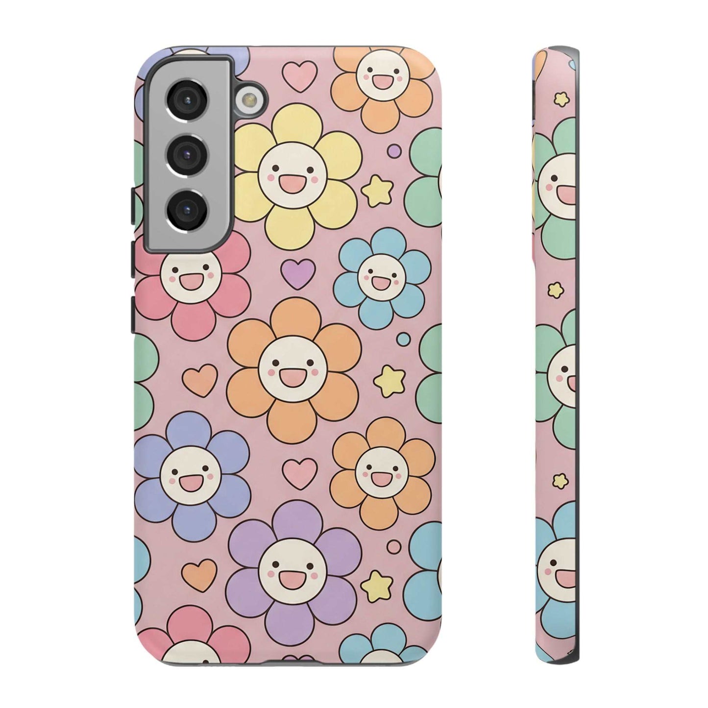Happy Flower Samsung Phone Case with colorful smiling flowers and hearts, dual-layer protective design for Samsung phone