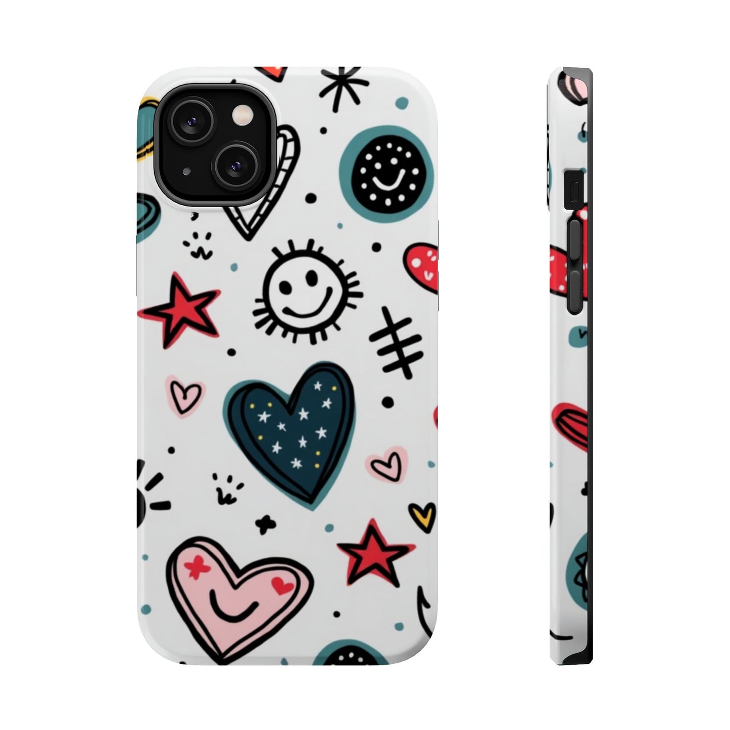 iPhone tough case with colorful cartoon hearts and smiles design, durable protective cover with MagSafe compatibility