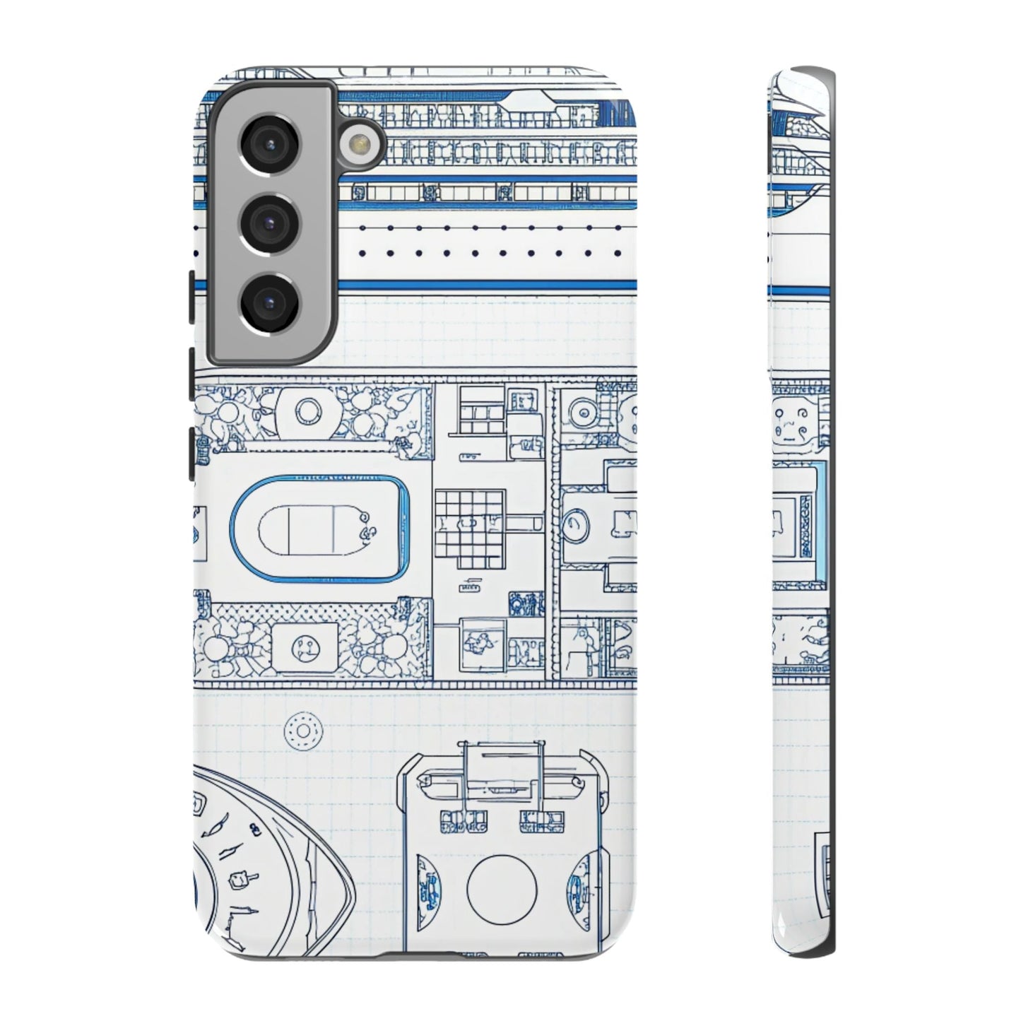 Samsung phone case with detailed cruise ship blueprint design in blue and white, durable and impact-resistant protective cover for Galaxy models