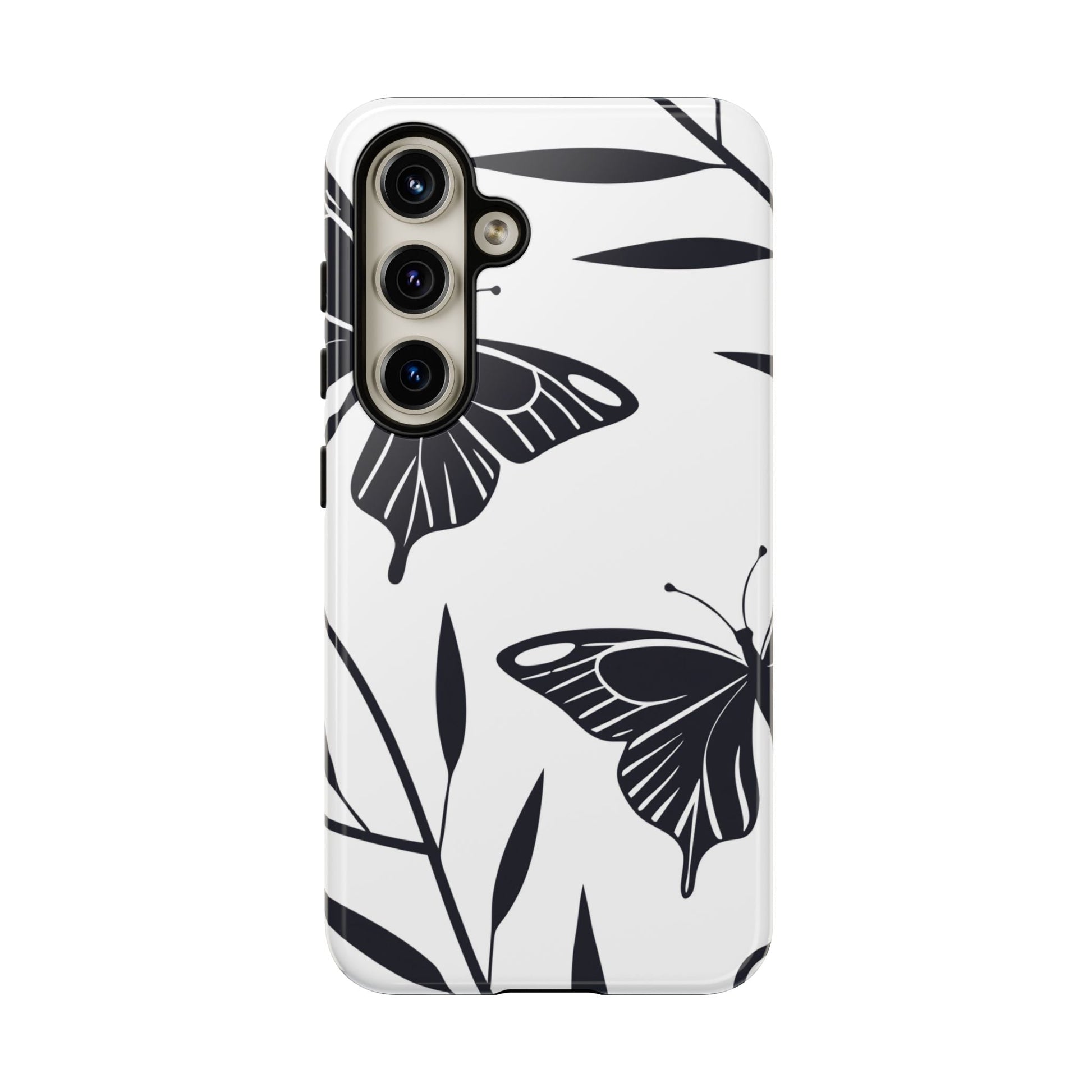 Minimalist black and white butterfly design Samsung tough phone case with elegant protection