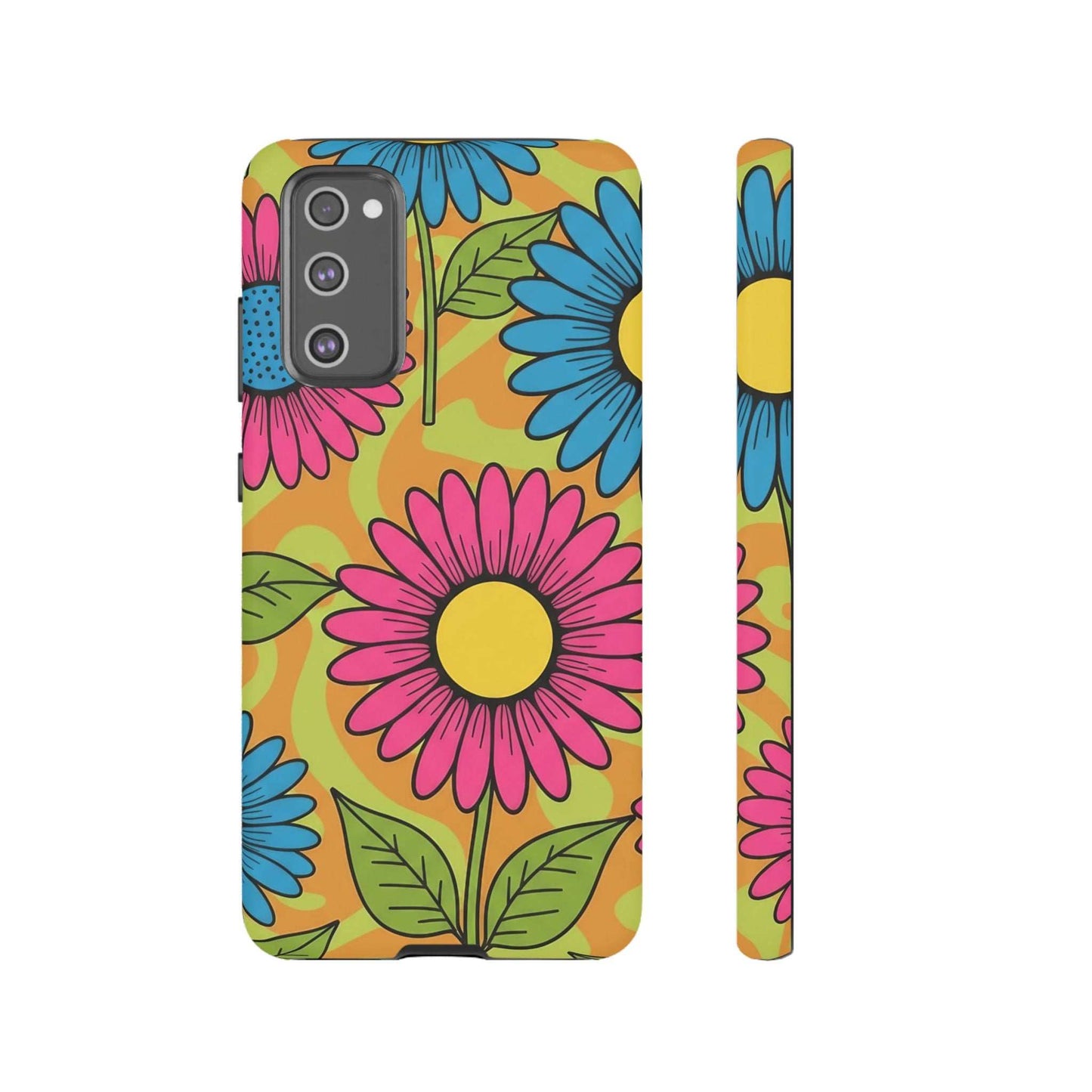 Samsung Tough Case with colorful floral design, impact-resistant, shock-absorbing silicone liner, glossy finish, compatible with wireless charging