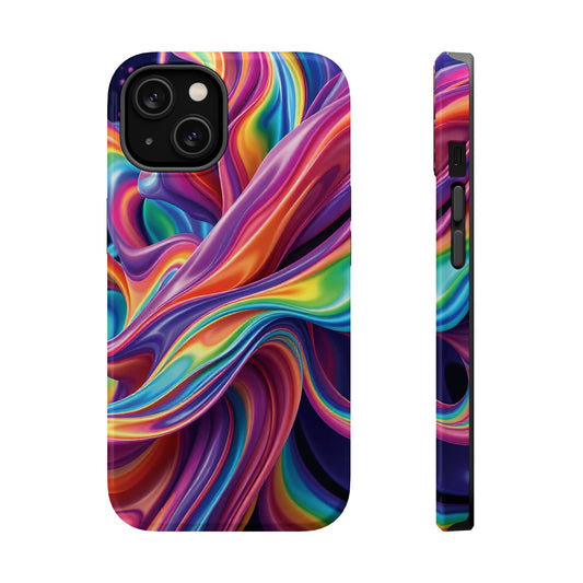 iPhone tough case with vibrant wrapping rainbow design and MagSafe compatibility