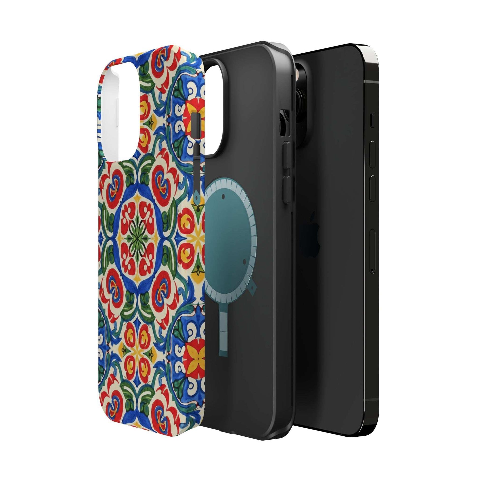 Mediterranean iPhone case with hand-painted Spanish ceramic folk tile pattern in vibrant colors, impact-resistant and MagSafe compatible.