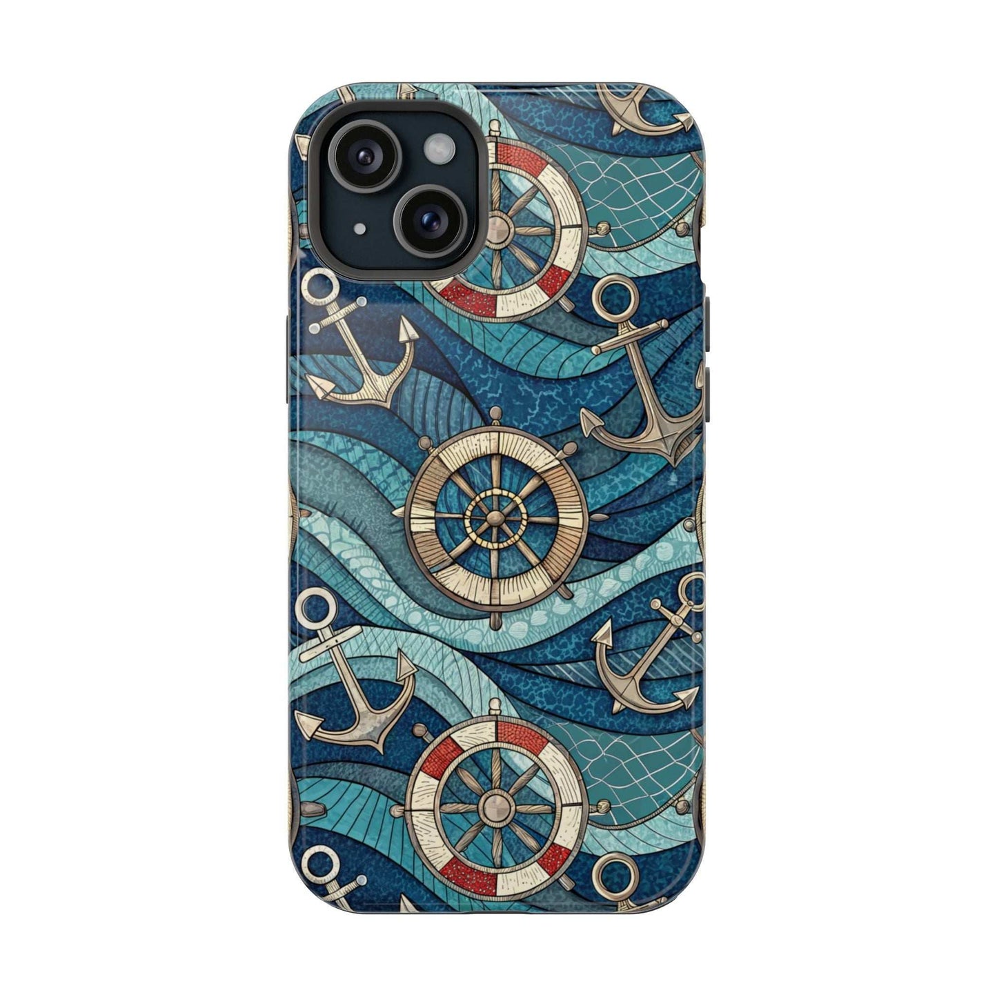 Nautical Theme iPhone case with anchors and wheels design in blue tones for iPhone 13 to 16 series