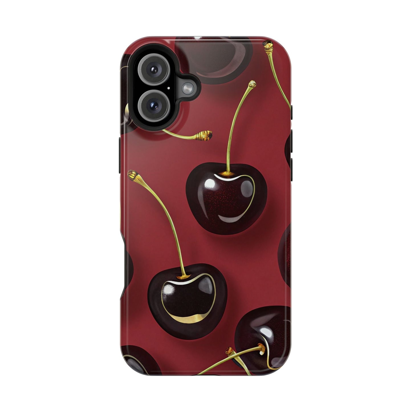 Cherry iPhone tough case with vibrant cherry design and dual-layer protection, MagSafe compatible