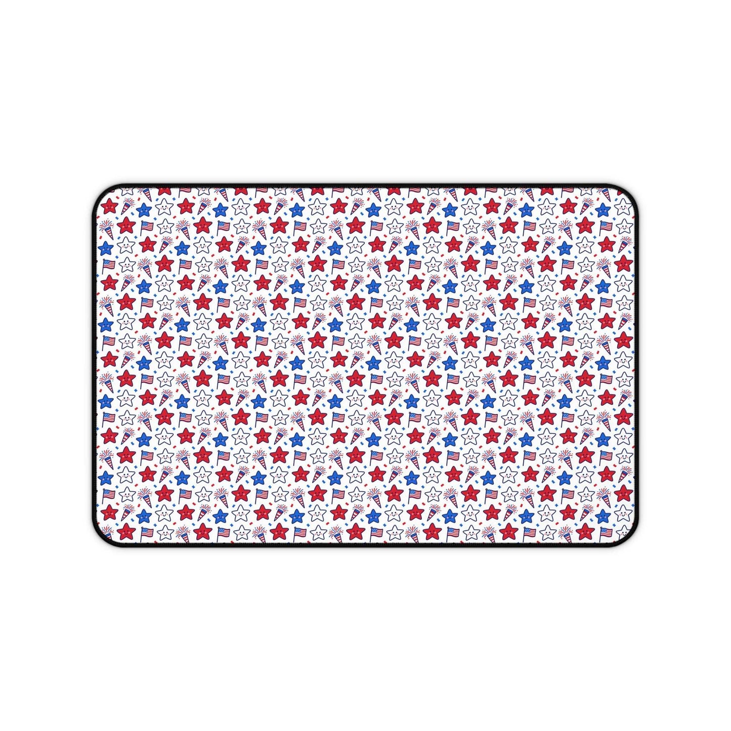 Kawaii 4th of July desk mat with pastel stars and fireworks, non-slip neoprene mouse pad for festive workspace
