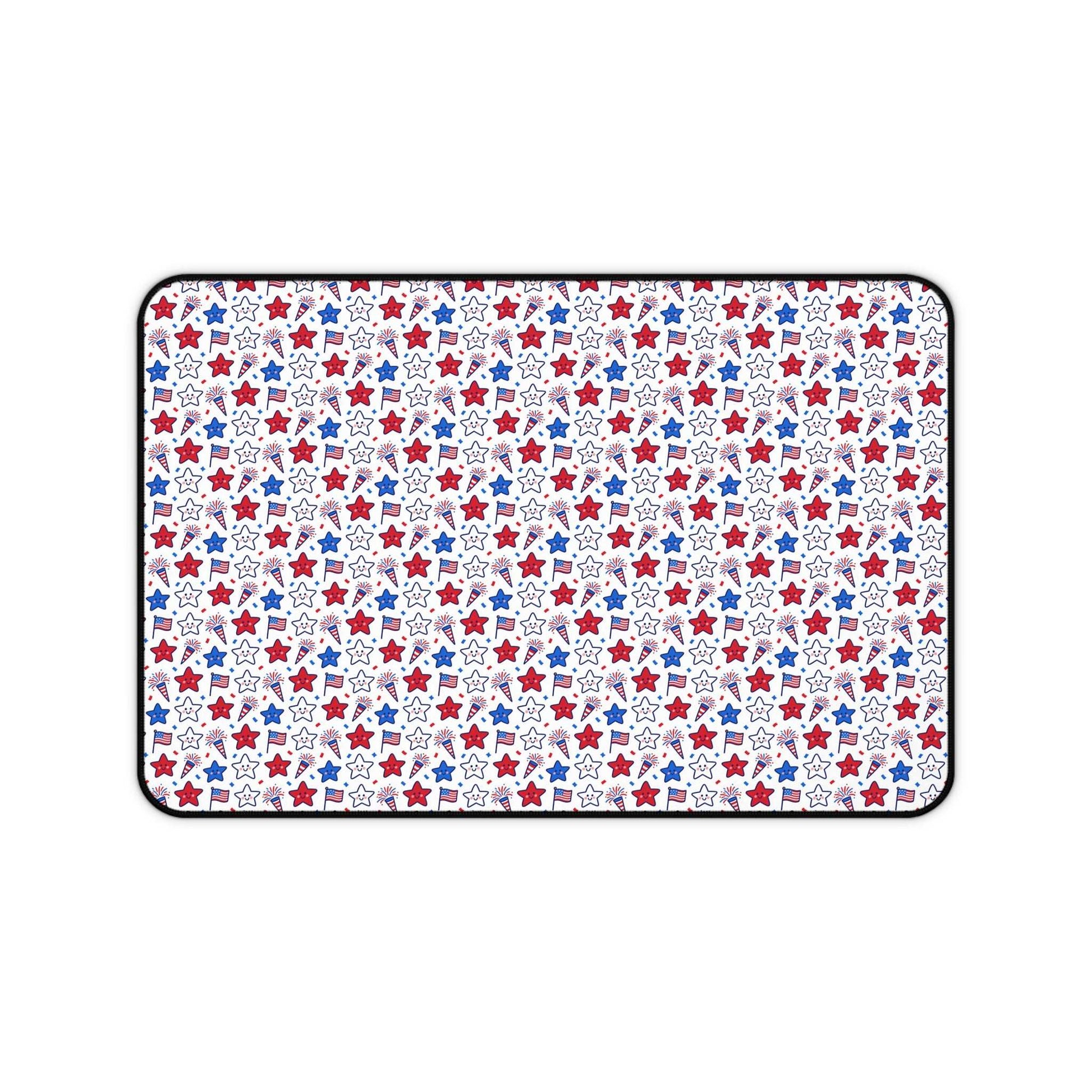 Kawaii 4th of July desk mat with pastel stars and fireworks, non-slip neoprene mouse pad for festive workspace