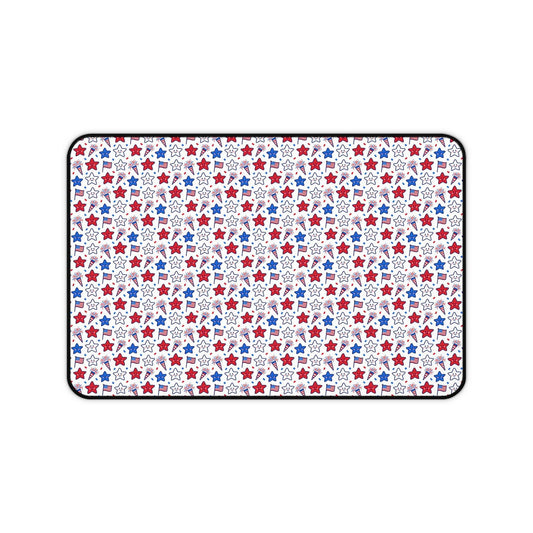 Kawaii 4th of July desk mat with pastel stars and fireworks, non-slip neoprene mouse pad for festive workspace