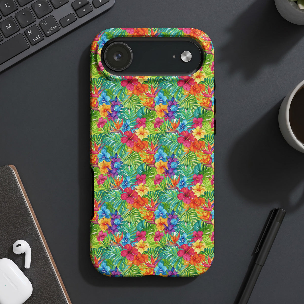 Phone case with a vibrant tropical floral and leaf pattern.