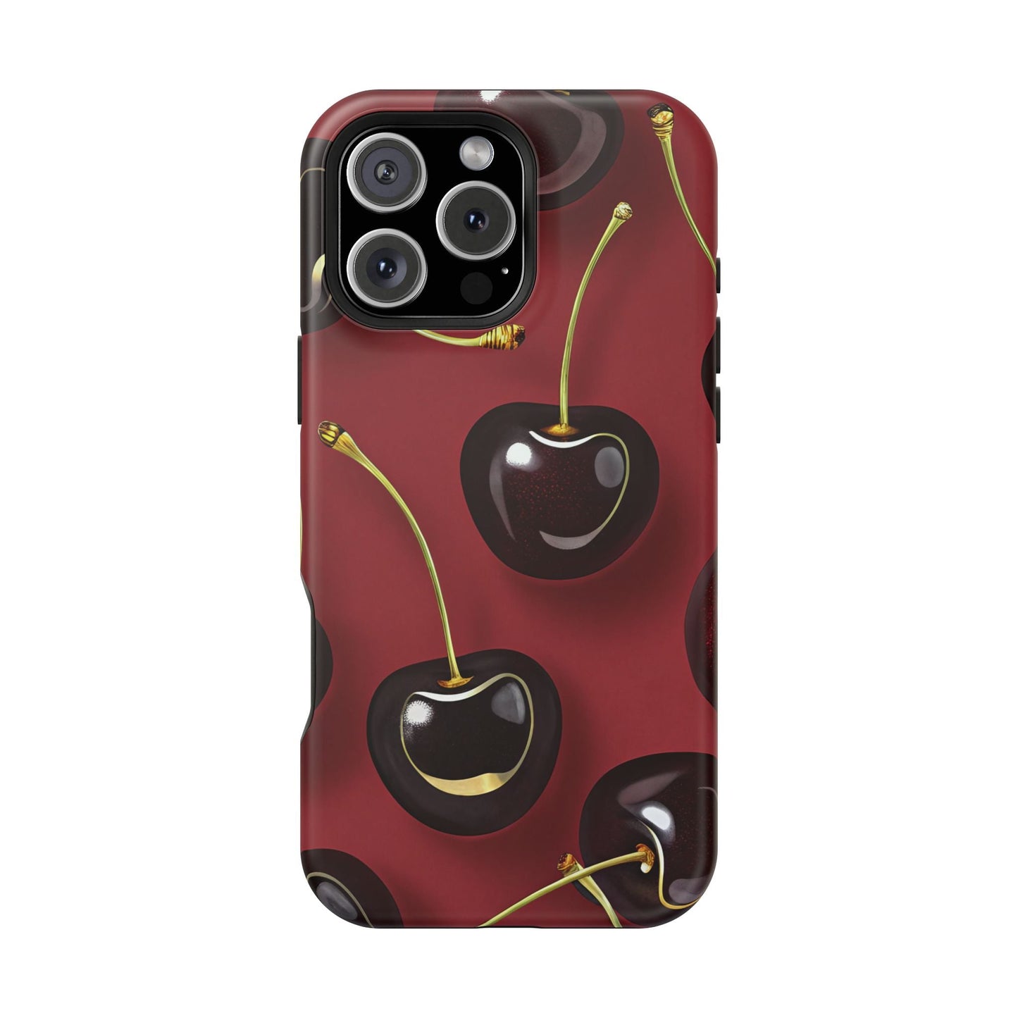 Cherry iPhone tough case with vibrant photo-realistic cherry design and durable dual-layer protection, MagSafe compatible