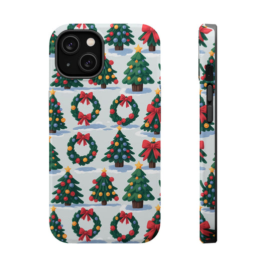 iPhone case with festive Holiday Tree and Wreath pattern in colorful Christmas design, durable dual-layer protection, and MagSafe compatibility