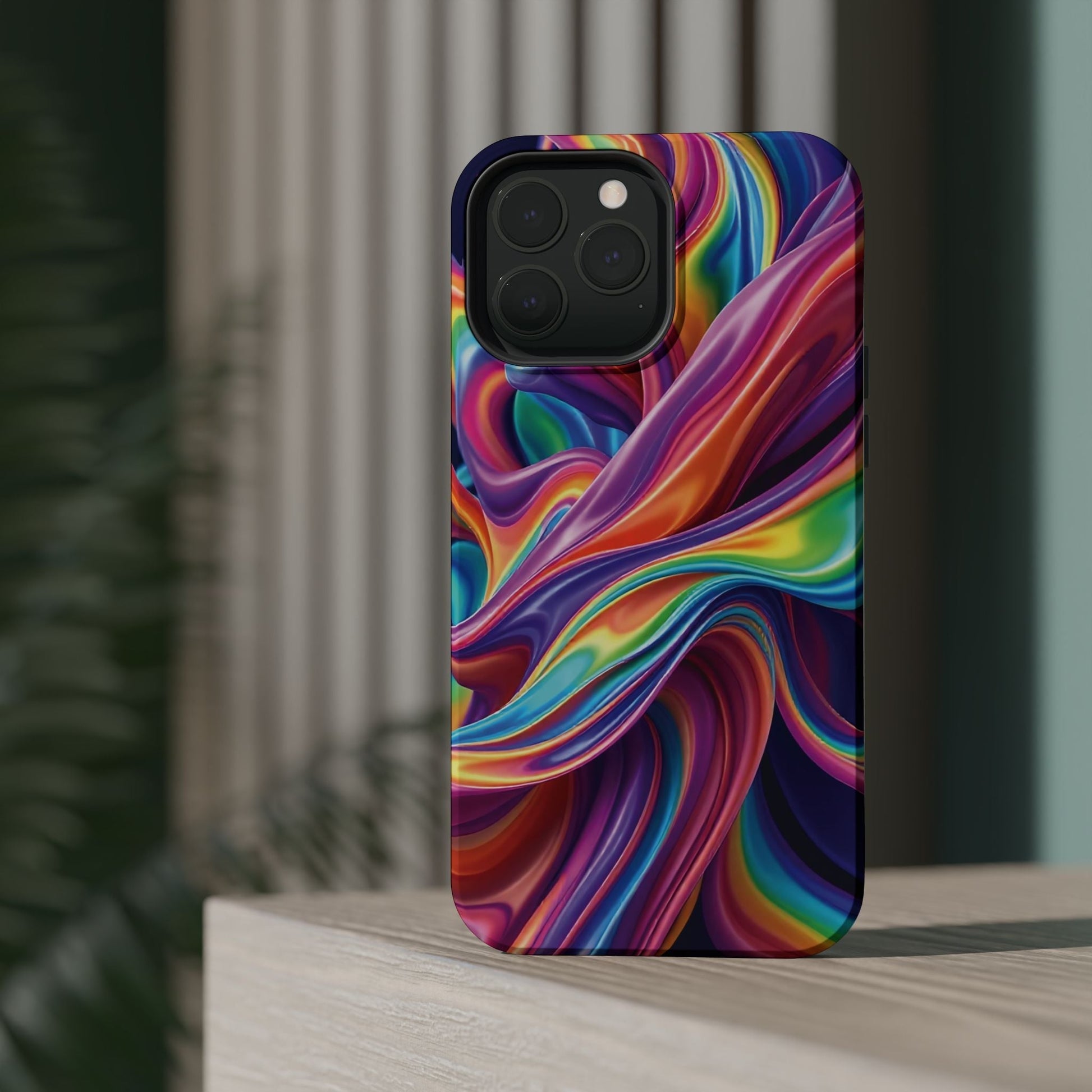 Wrapping Rainbow Design iPhone tough case with vibrant swirl colors and MagSafe compatibility