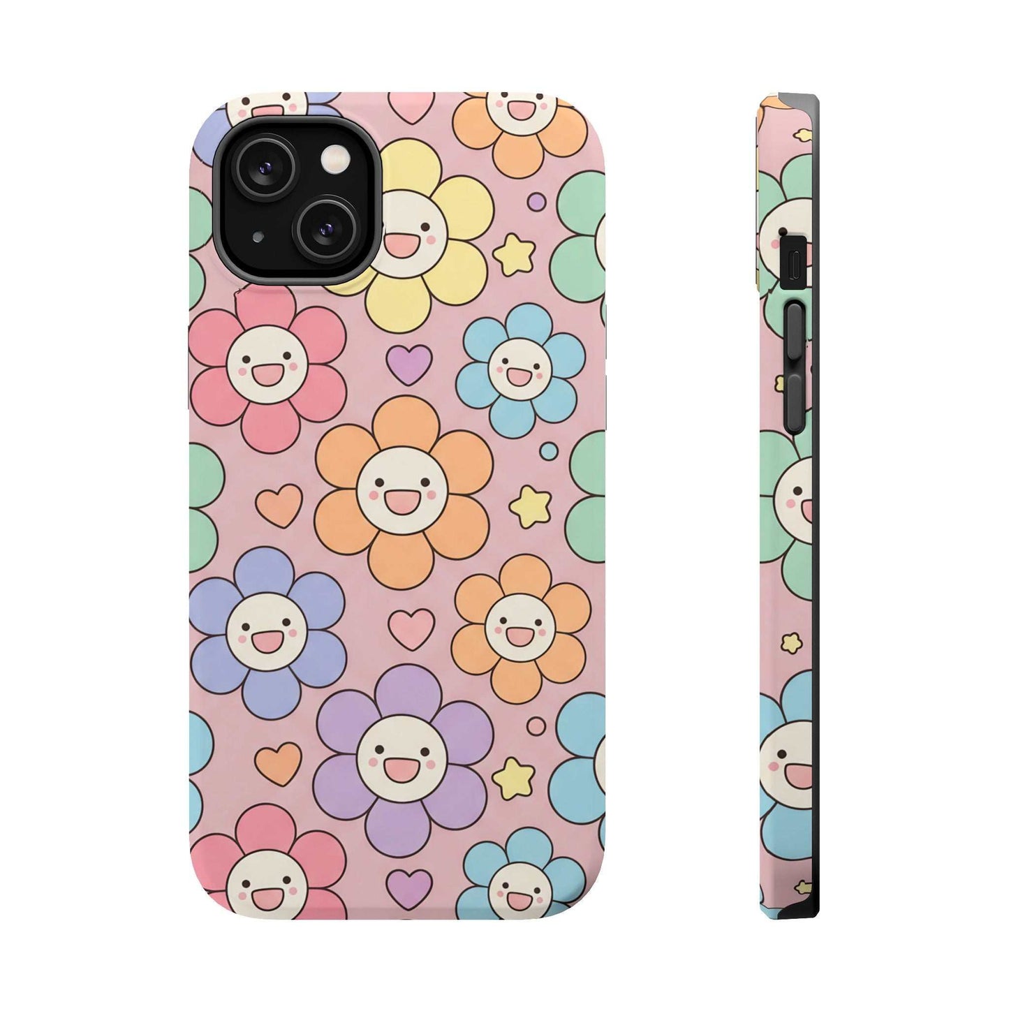 Happy Flower iPhone Tough Case with colorful smiling flowers and hearts, MagSafe compatible, impact-resistant phone cover