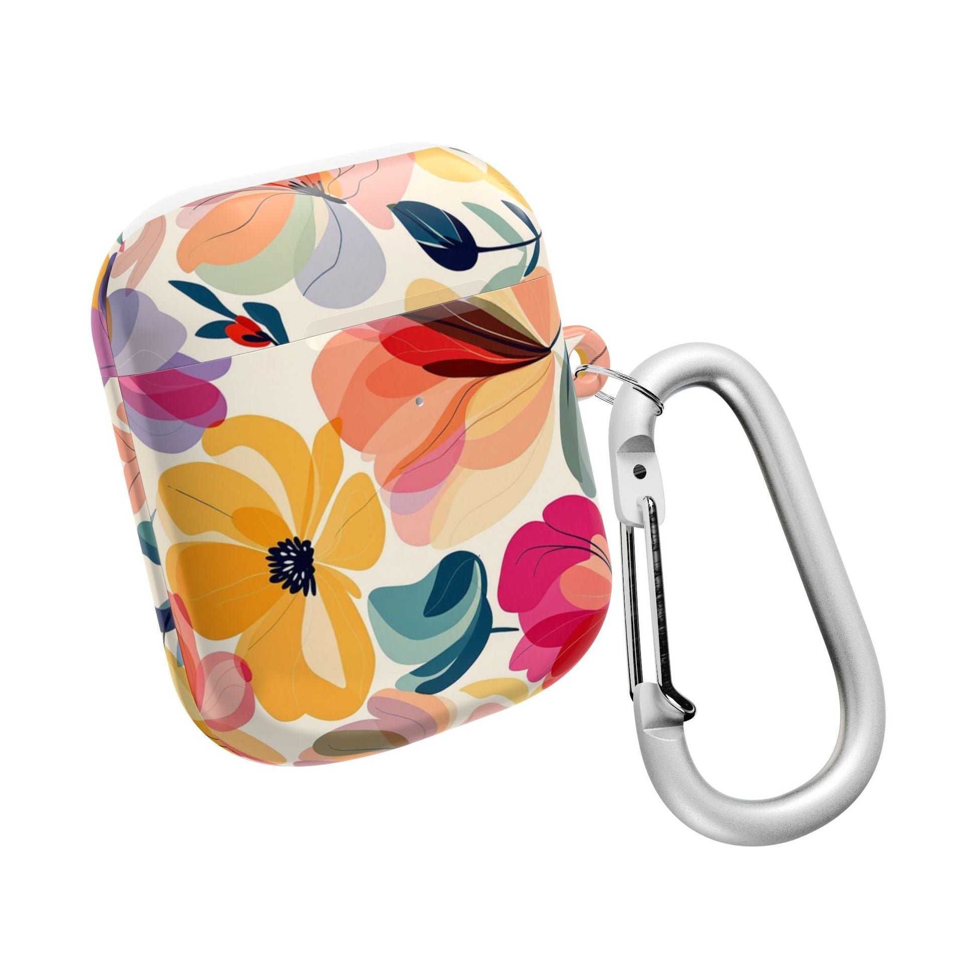 Colorful floral watercolor AirPod case with durable polycarbonate cover and attached silver carabiner clip
