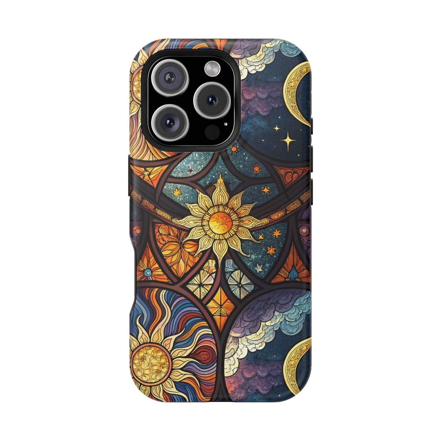 Sun and Moon tough dual-layer iPhone case with celestial design, MagSafe compatible, matte or glossy finish