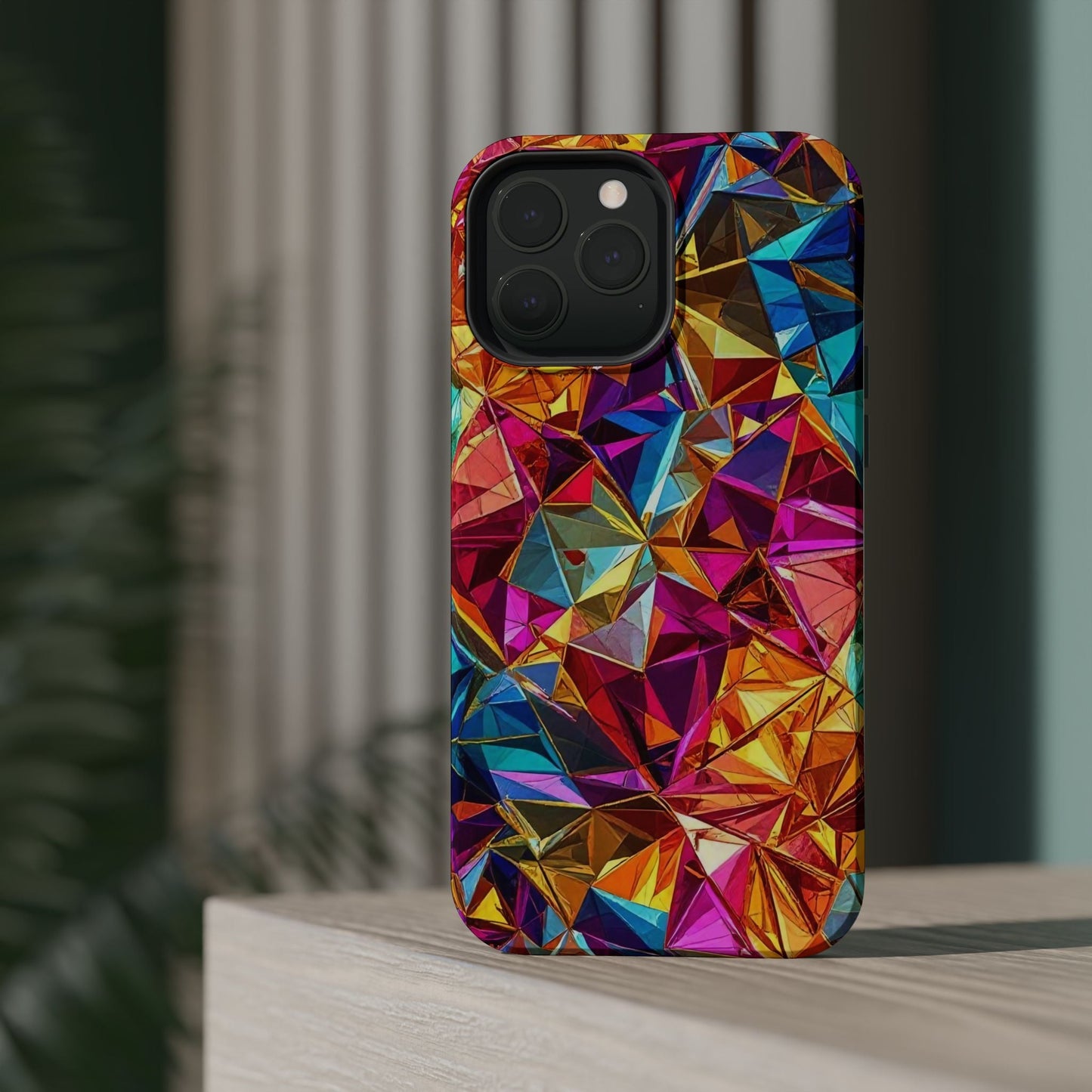 Rainbow Foil iPhone Tough Case with vibrant geometric pattern and MagSafe compatibility for strong phone protection