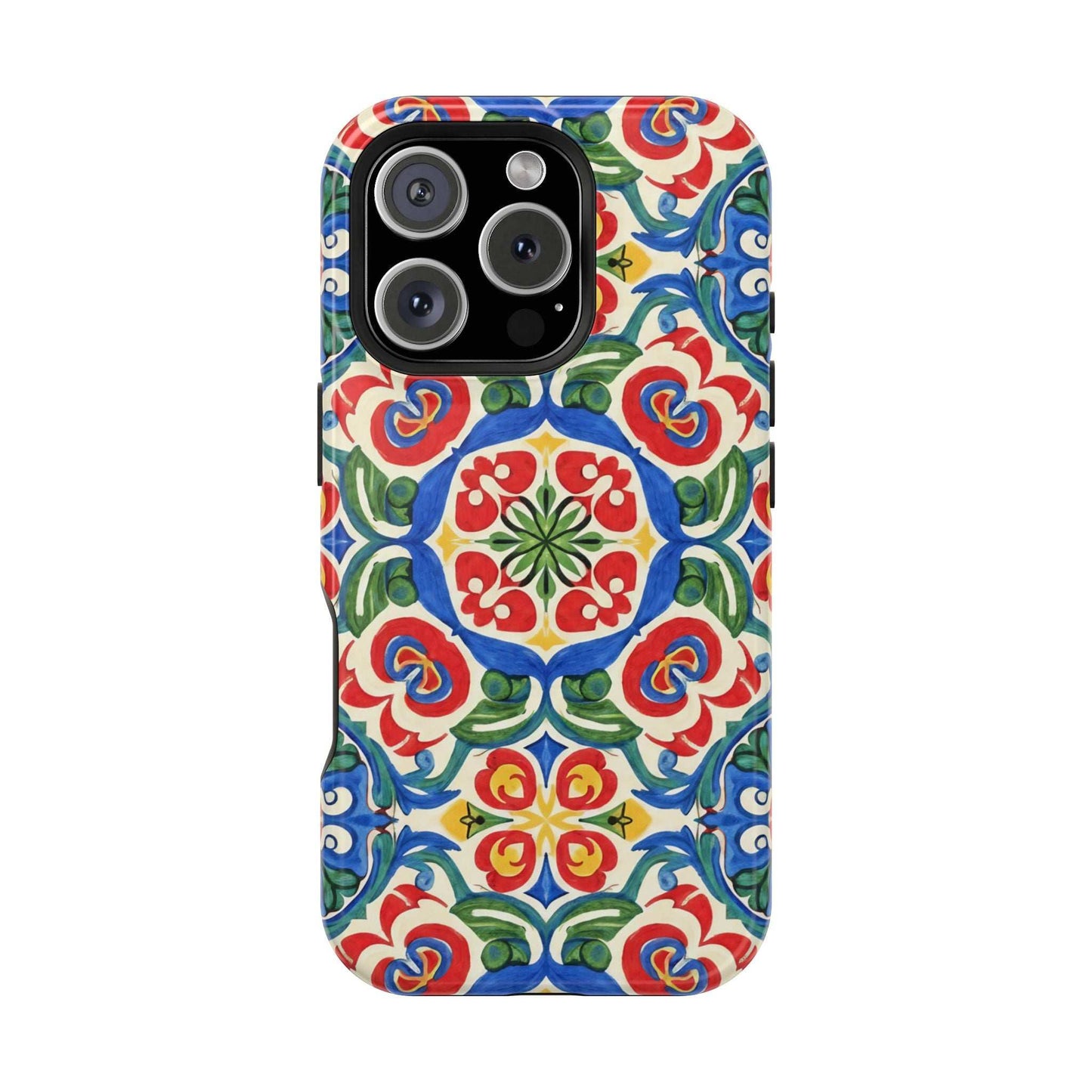 Mediterranean iPhone case with hand-painted inspired Spanish ceramic folk tile pattern in vibrant blues, reds, and greens, impact-resistant and MagSafe compatible.