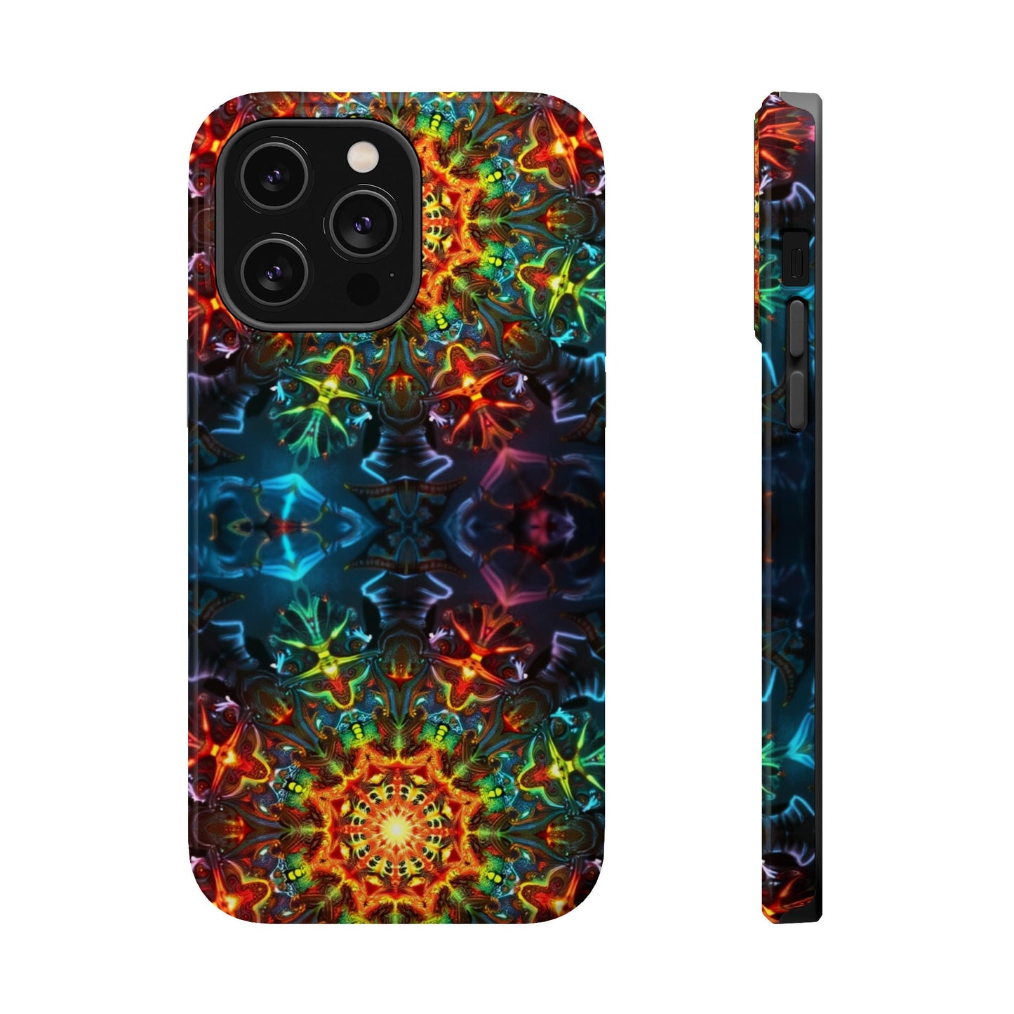 Colorful abstract kaleidoscope design iPhone case with durable dual-layer protection and MagSafe compatibility