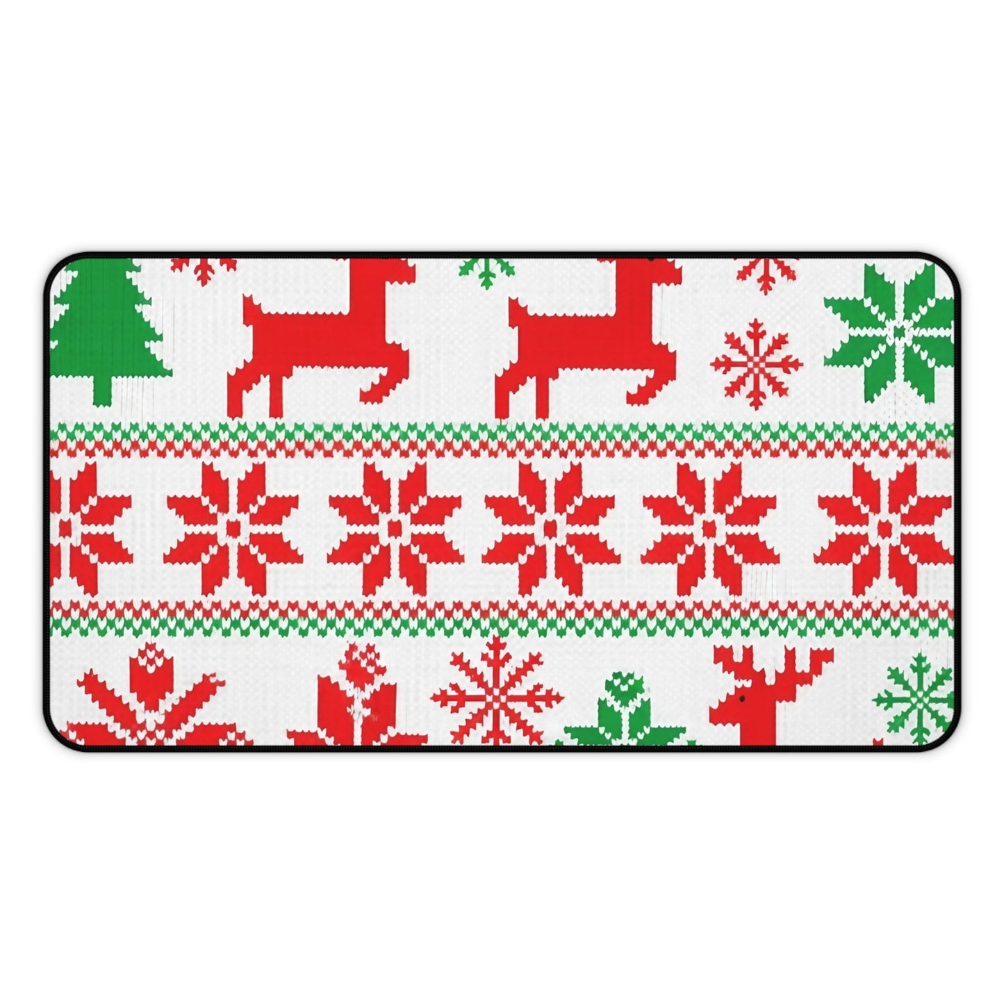 Ugly Sweater Inspired Desk Mat with red and green holiday patterns for festive workspace decor