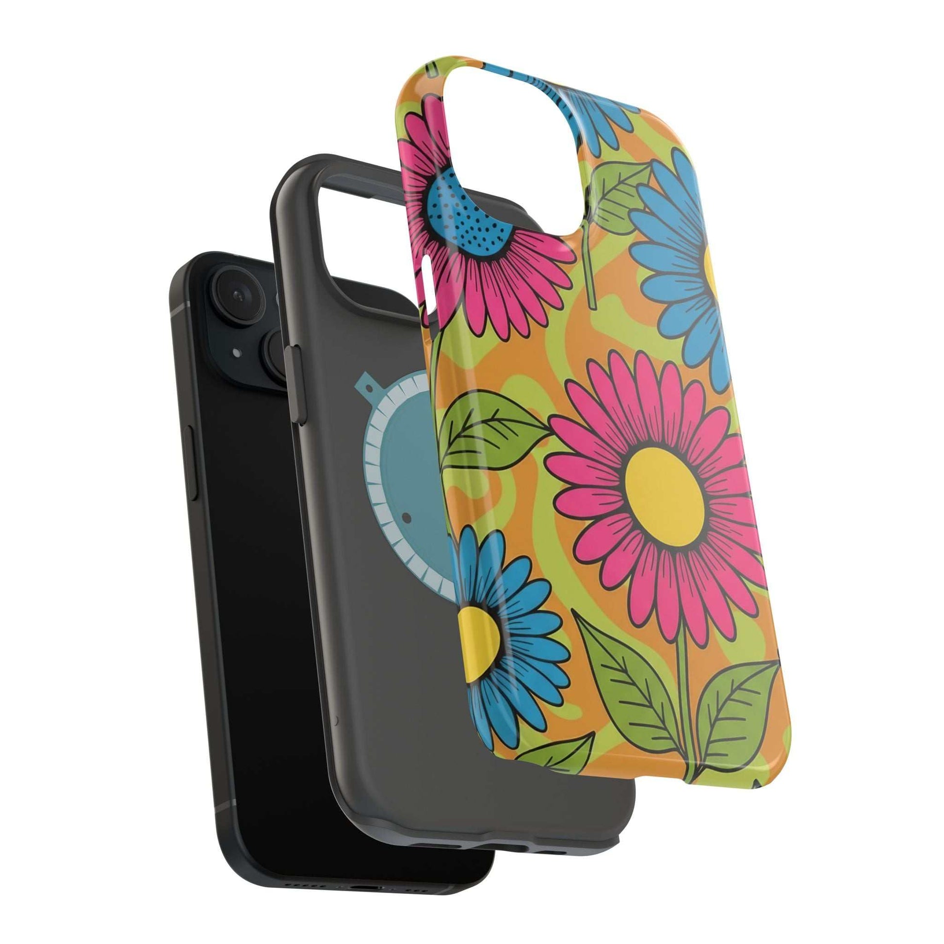 Flower Child iPhone Tough Case with vibrant floral design, dual-layer impact protection, and MagSafe compatibility