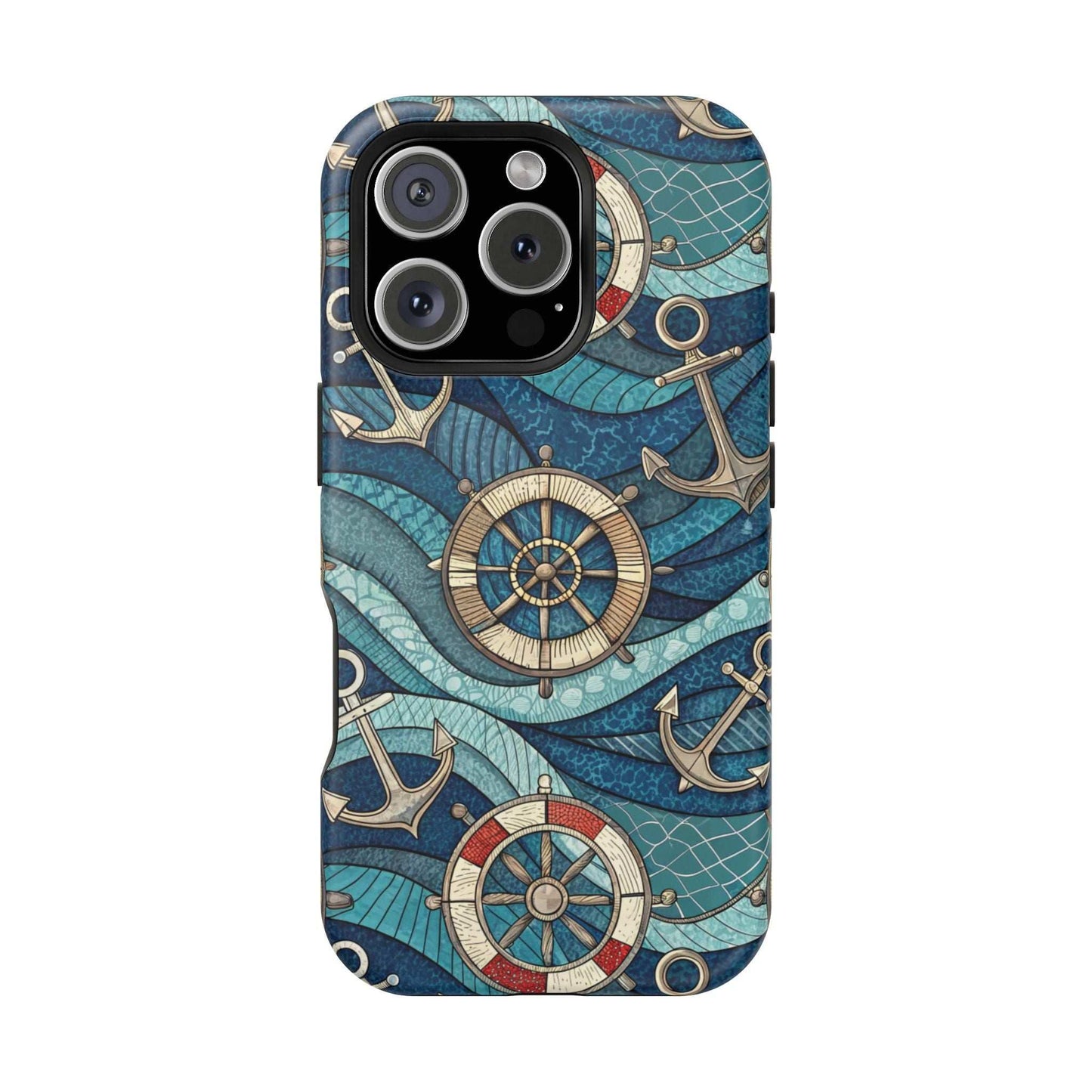 Nautical theme iPhone case with anchors and ship wheels design in blue tones for iPhone 13-16 series