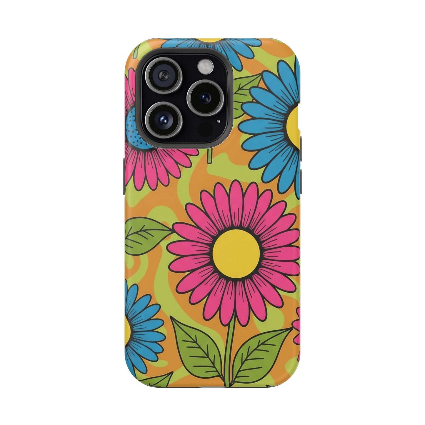 Flower Child iPhone Tough Case with vibrant floral design, magnetic impact-resistant protection, glossy finish, compatible with MagSafe accessories