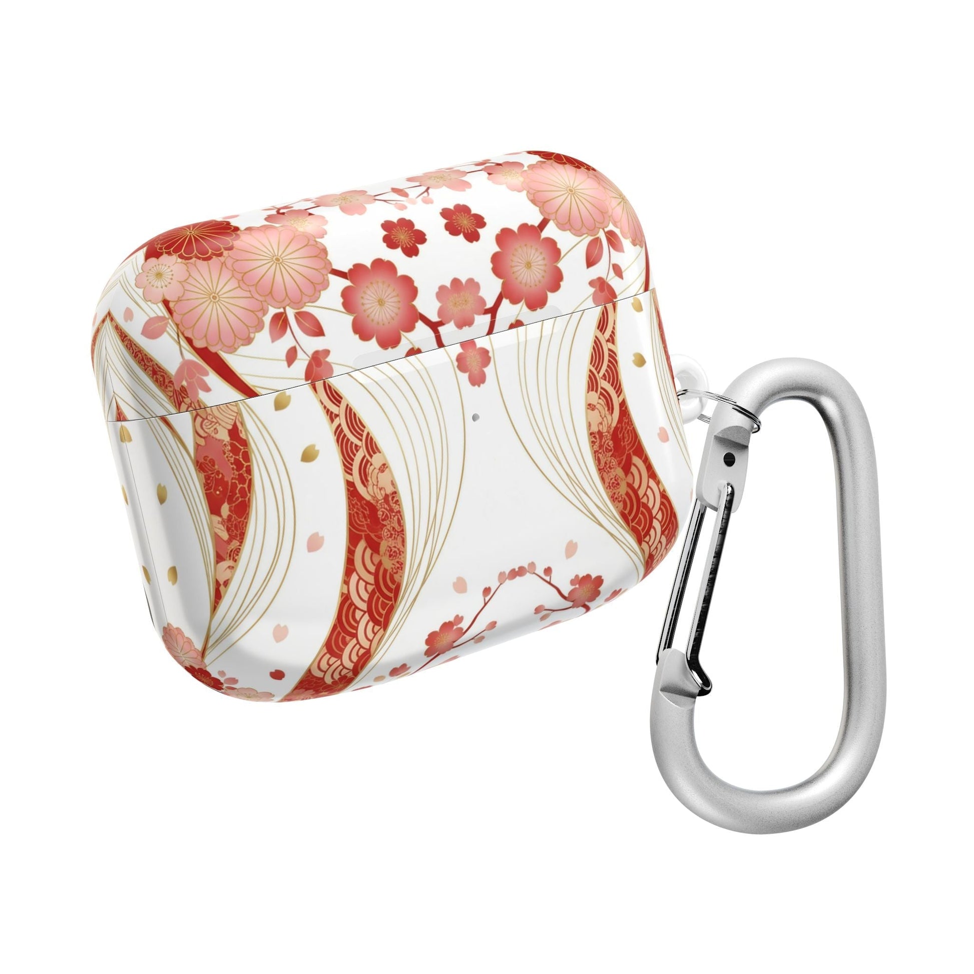 Red Golden Flower AirPod Case with glossy floral design and attached silver carabiner clip