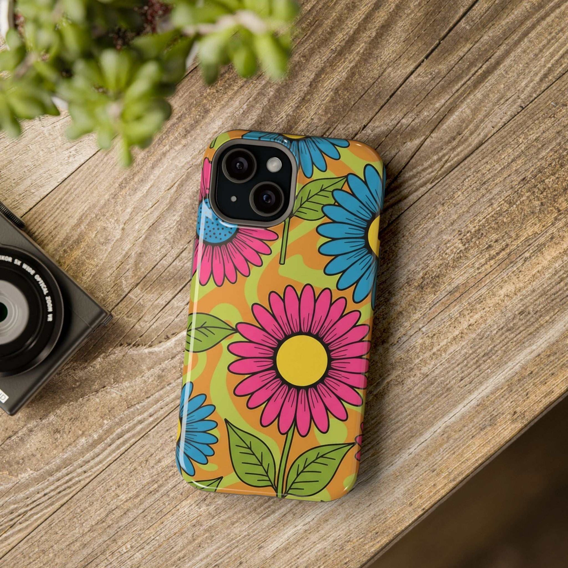 Flower Child iPhone Tough Case with colorful floral design, magnetic impact-resistant protection, glossy or matte finish.