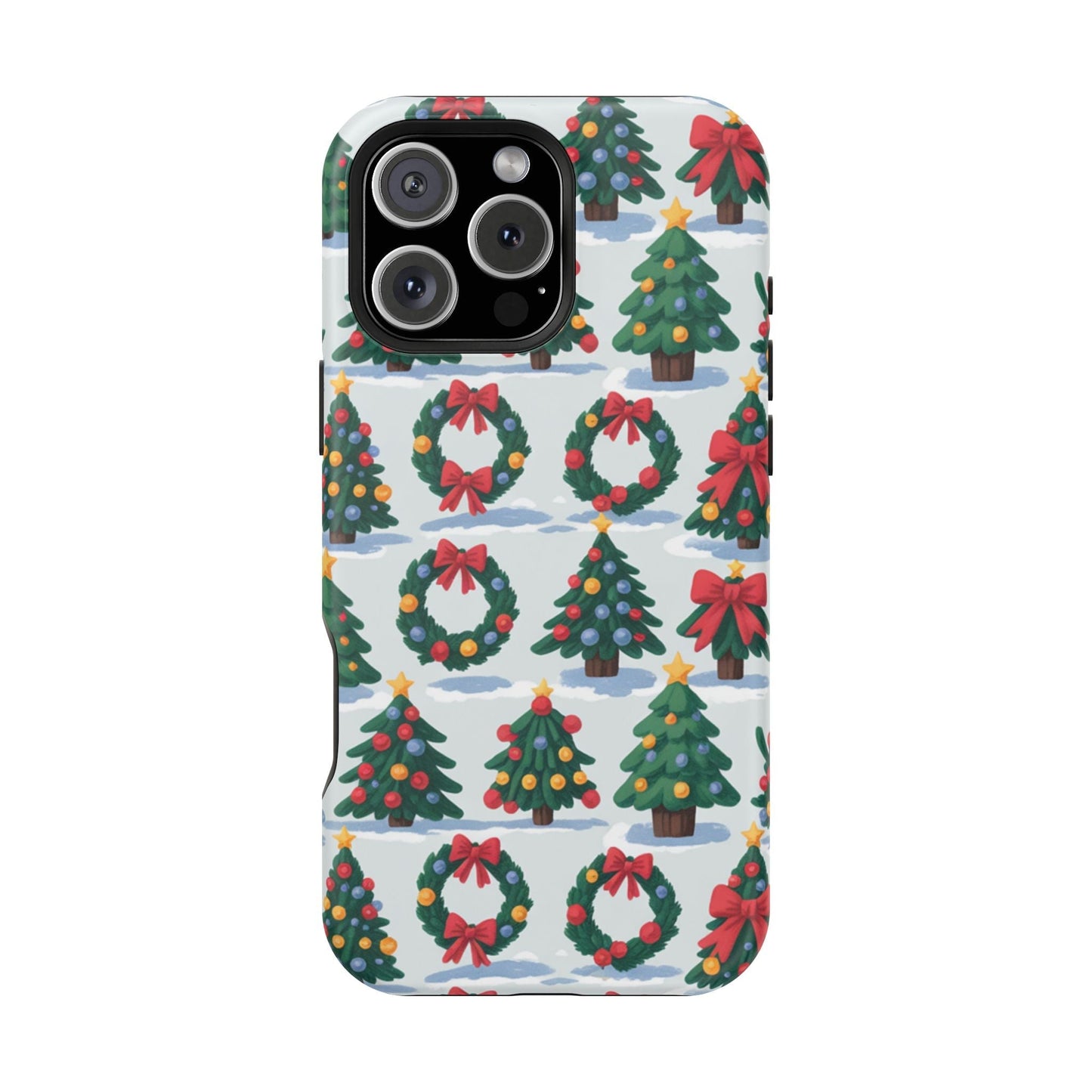 iPhone case with festive holiday tree and wreath pattern for Christmas celebration